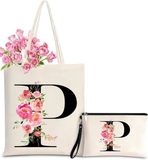 Initial Canvas Tote Bag for Women, Personalized Monogrammed Tote Bags with Makeup Gift Bag for Wedding Bridesmaids Birthday