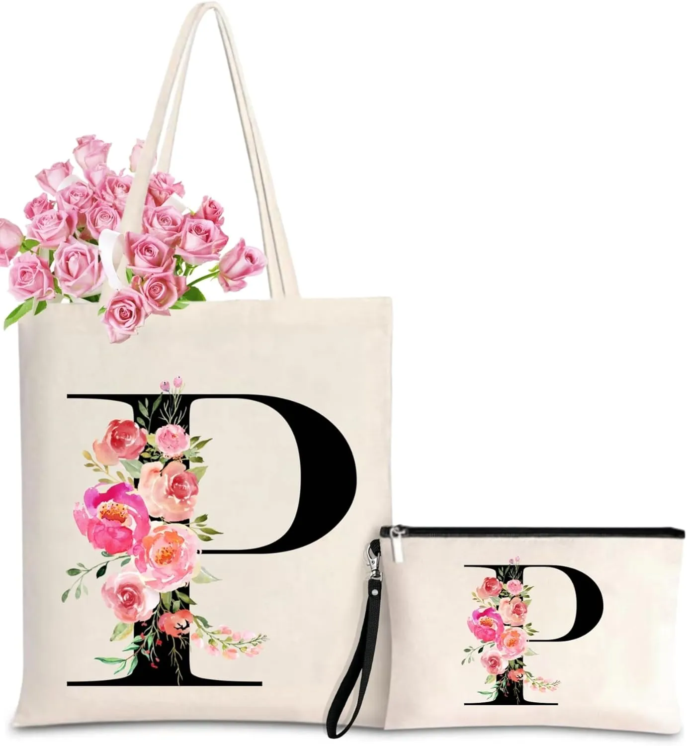 Initial Canvas Tote Bag for Women, Personalized Monogrammed Tote Bags with Makeup Gift Bag for Wedding Bridesmaids Birthday