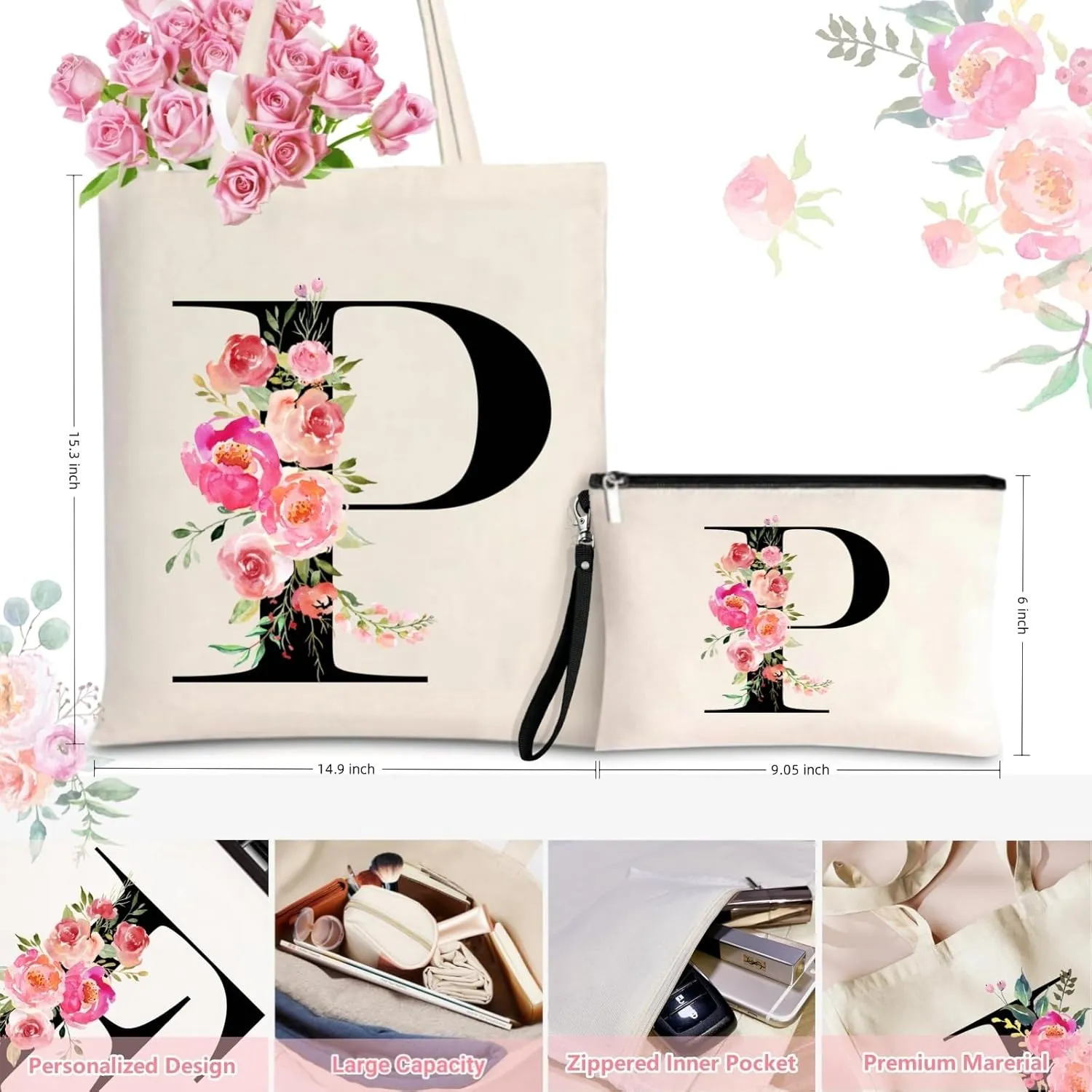 Initial Canvas Tote Bag for Women, Personalized Monogrammed Tote Bags with Makeup Gift Bag for Wedding Bridesmaids Birthday