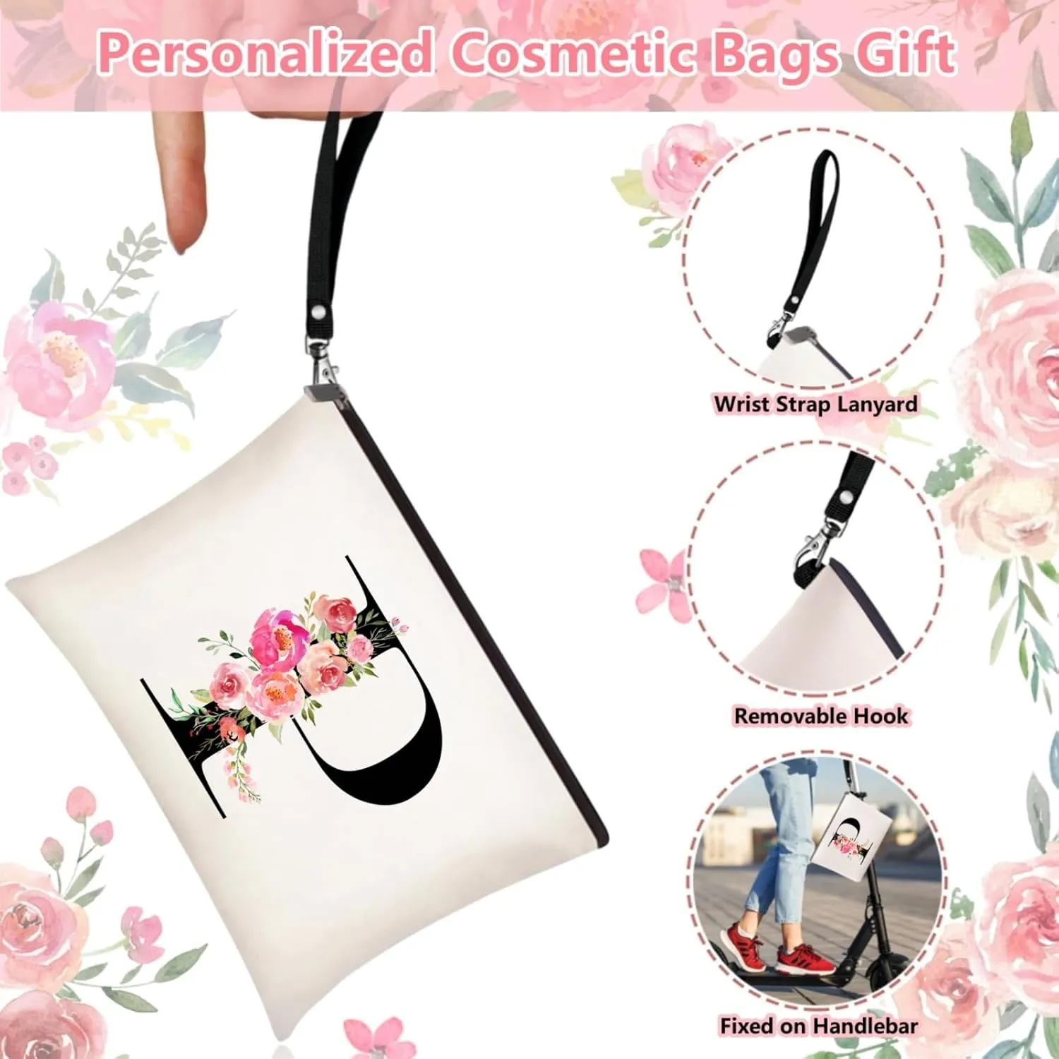 Initial Canvas Tote Bag for Women, Personalized Monogrammed Tote Bags with Makeup Gift Bag for Wedding Bridesmaids Birthday