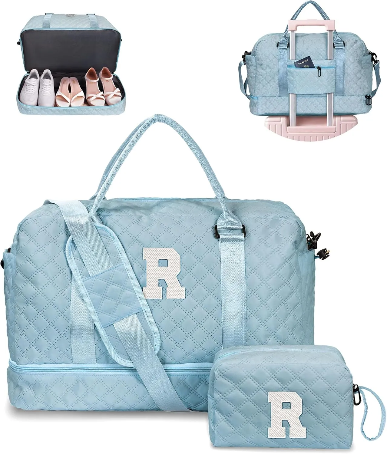 Initial Duffle Bag, Weekender Bags with Shoe Compartment and Shoulder Strap, Monogram Overnight Bag for Women Wet Pocket, Girl Travel Bag with Makeup Bag Gifts for Niece (Letter R)