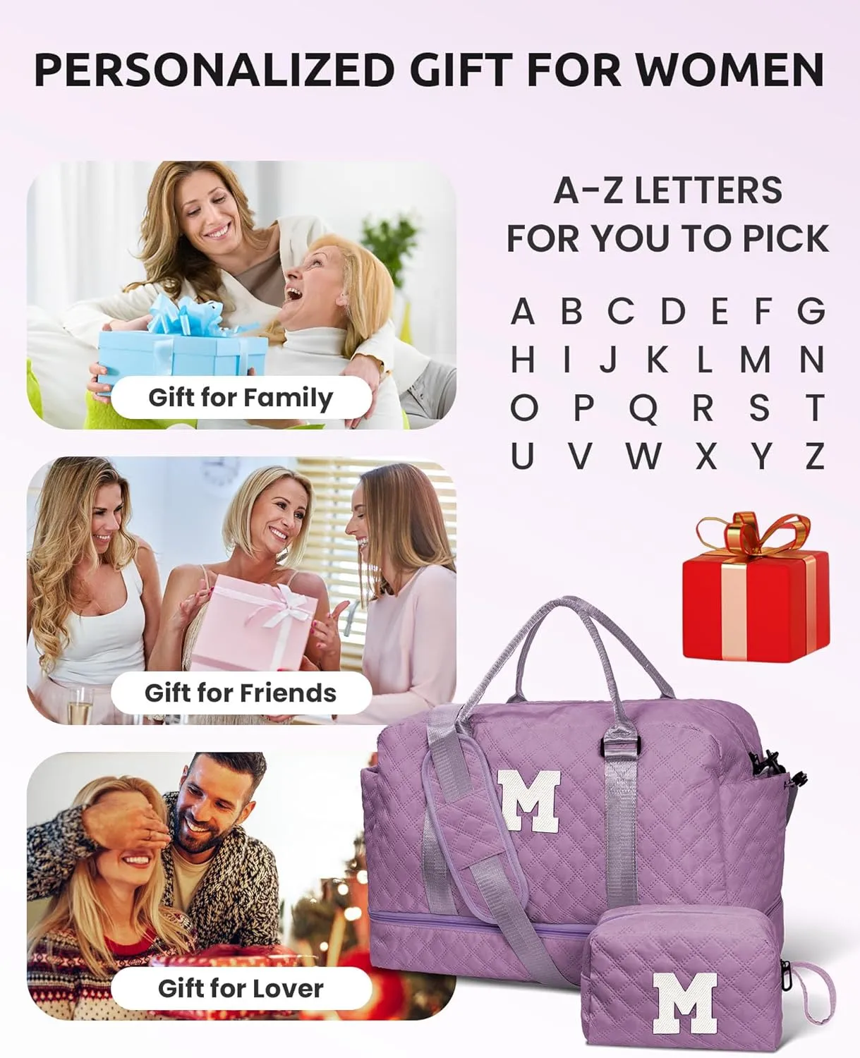Initial Duffle Bag, Weekender Bags with Shoe Compartment and Shoulder Strap, Monogram Overnight Bag for Women Wet Pocket, Girl Travel Bag with Makeup Bag Gifts for Niece (Letter R)