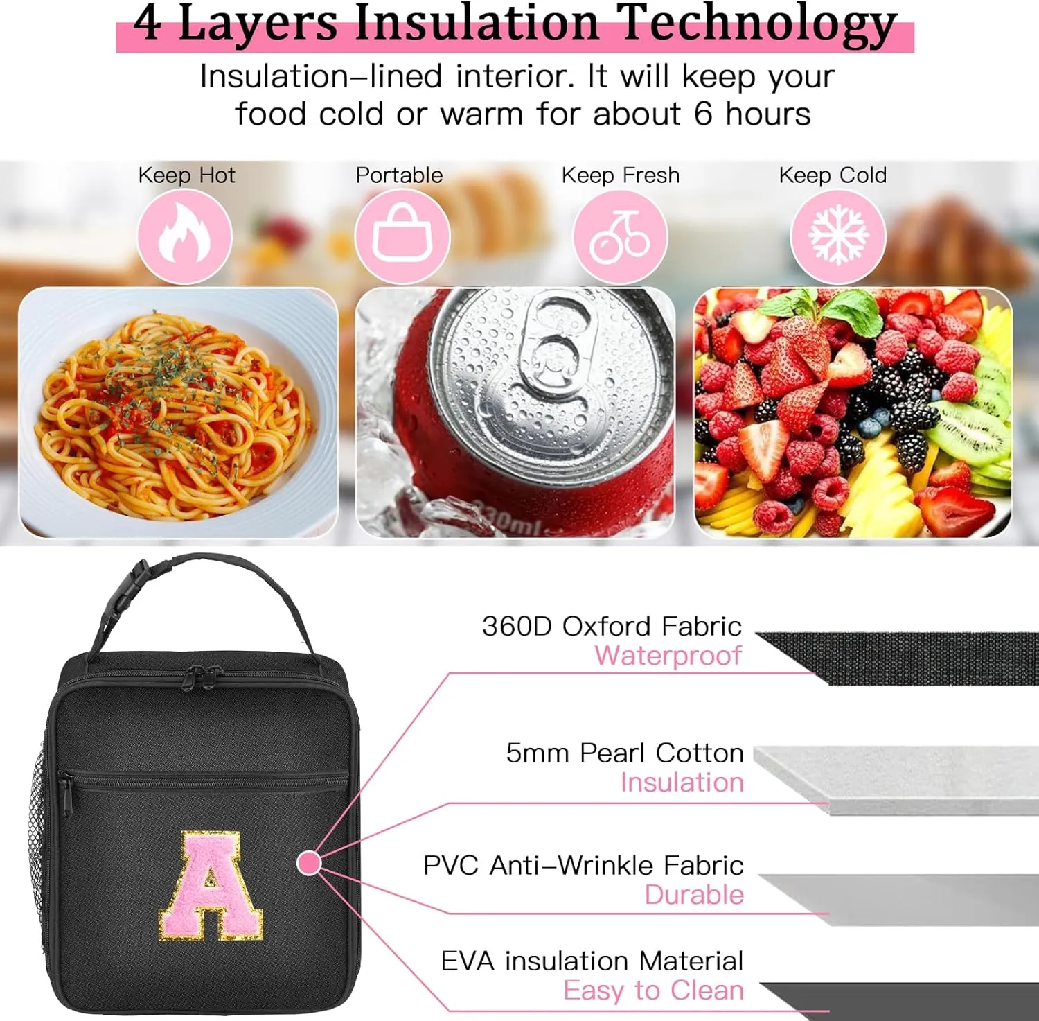 Initial Insulated Lunch Bag, Lunch Box with Initial Letter Patch for Teen Adult, Reusable Lunch Bag for Men Women, Ideal Back to School Gift Back to School Gift Birthday Gift, Pink A