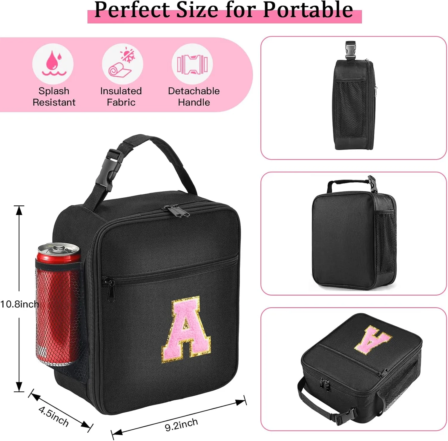 Initial Insulated Lunch Bag, Lunch Box with Initial Letter Patch for Teen Adult, Reusable Lunch Bag for Men Women, Ideal Back to School Gift Back to School Gift Birthday Gift, Pink A