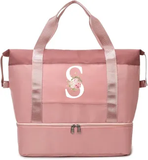 Initial Travel Duffel Bag for Women, Personalized Weekender Bag with Shoe Compartment, Gym Duffel Bag with Wet Pocket Carry on Overnight Bag, Birthday Gifts for Women, Pink (Letter S)