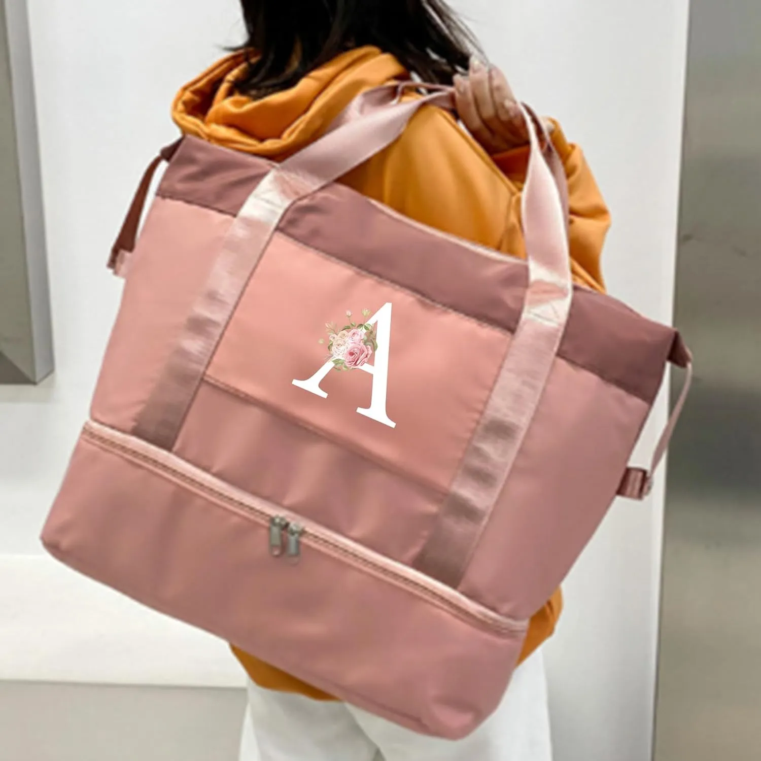Initial Travel Duffel Bag for Women, Personalized Weekender Bag with Shoe Compartment, Gym Duffel Bag with Wet Pocket Carry on Overnight Bag, Birthday Gifts for Women, Pink (Letter S)