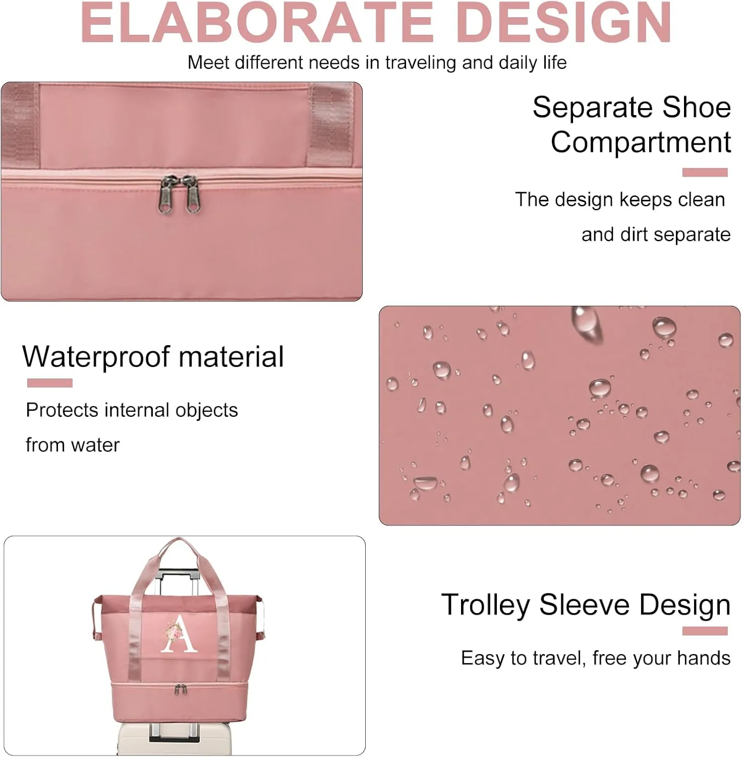 Initial Travel Duffel Bag for Women, Personalized Weekender Bag with Shoe Compartment, Gym Duffel Bag with Wet Pocket Carry on Overnight Bag, Birthday Gifts for Women, Pink (Letter S)
