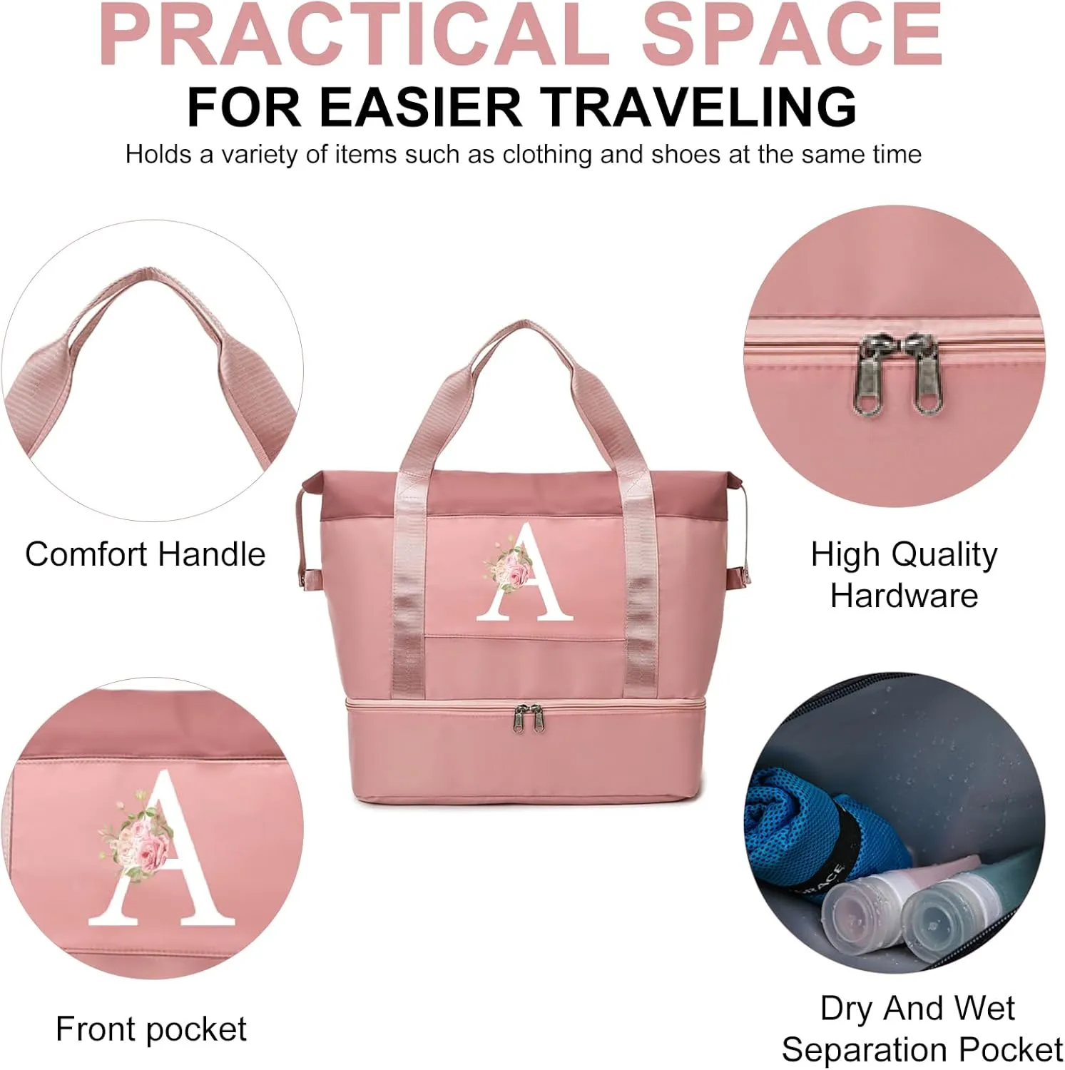 Initial Travel Duffel Bag for Women, Personalized Weekender Bag with Shoe Compartment, Gym Duffel Bag with Wet Pocket Carry on Overnight Bag, Birthday Gifts for Women, Pink (Letter S)