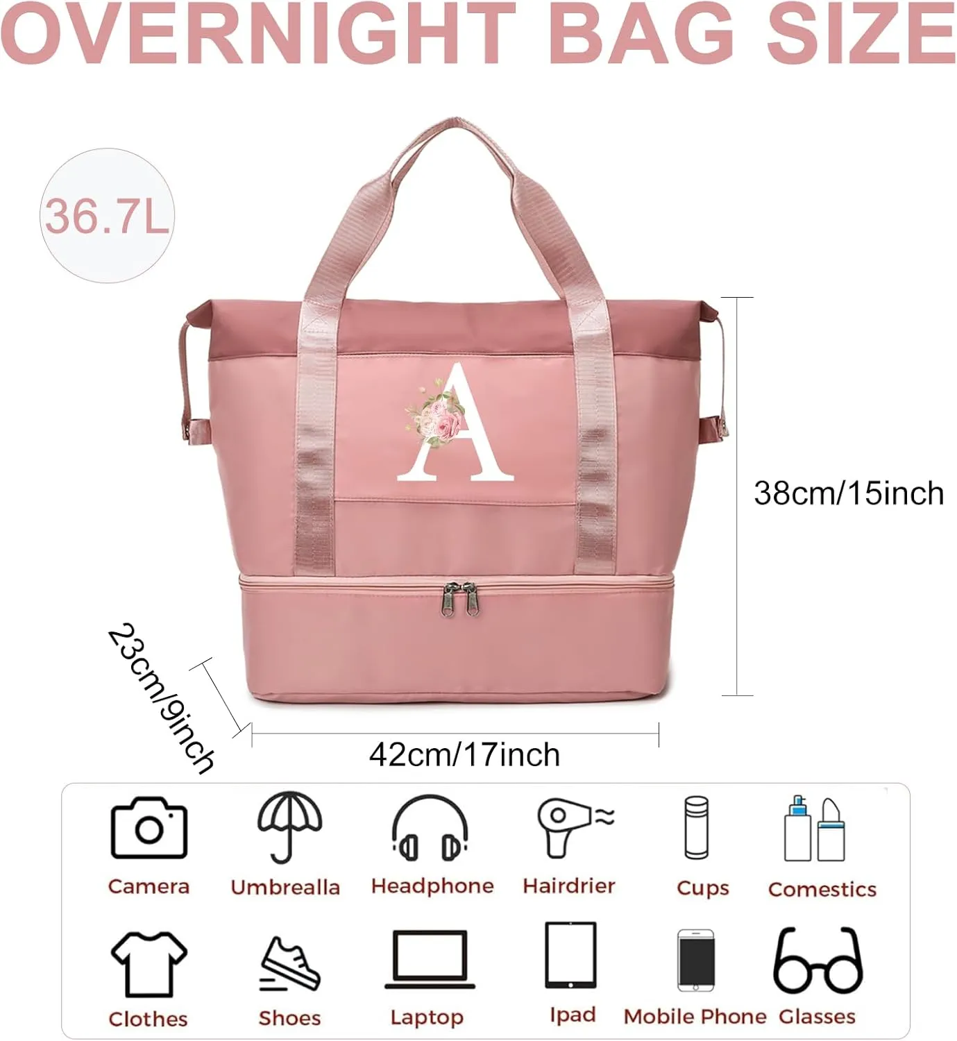 Initial Travel Duffel Bag for Women, Personalized Weekender Bag with Shoe Compartment, Gym Duffel Bag with Wet Pocket Carry on Overnight Bag, Birthday Gifts for Women, Pink (Letter S)