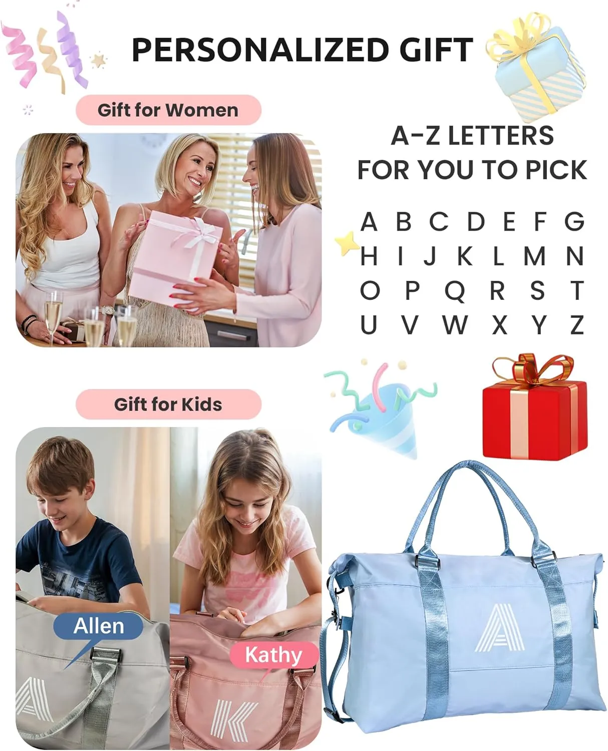 Initial Travel Duffel Bag, Sports Gym Bag, Personalized Weekender Bag with Shoulder Strap, Graduation Gift Monogram Overnight Bag for Women with Trolley Sleeve & Wet Pocket, Q, Light Blue