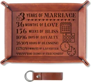 INNObeta Gifts for 3 Year Leather Anniversary for Her, Him, Men, Husband, Gifts for 3rd Anniversary, Marriage Engraved Leather Valet Tray for Anniversary, Birthday - 3 Years