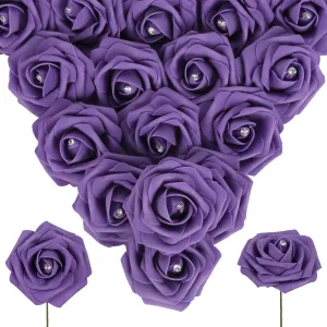 INSUNSX Purple Roses Artificial Flowers with Crystal 50PCS Purple Artificial Roses with Stems Realistic Purple Flowers for Bridal Shower Centerpieces Wedding Bouquet Table Decorations (Purple)
