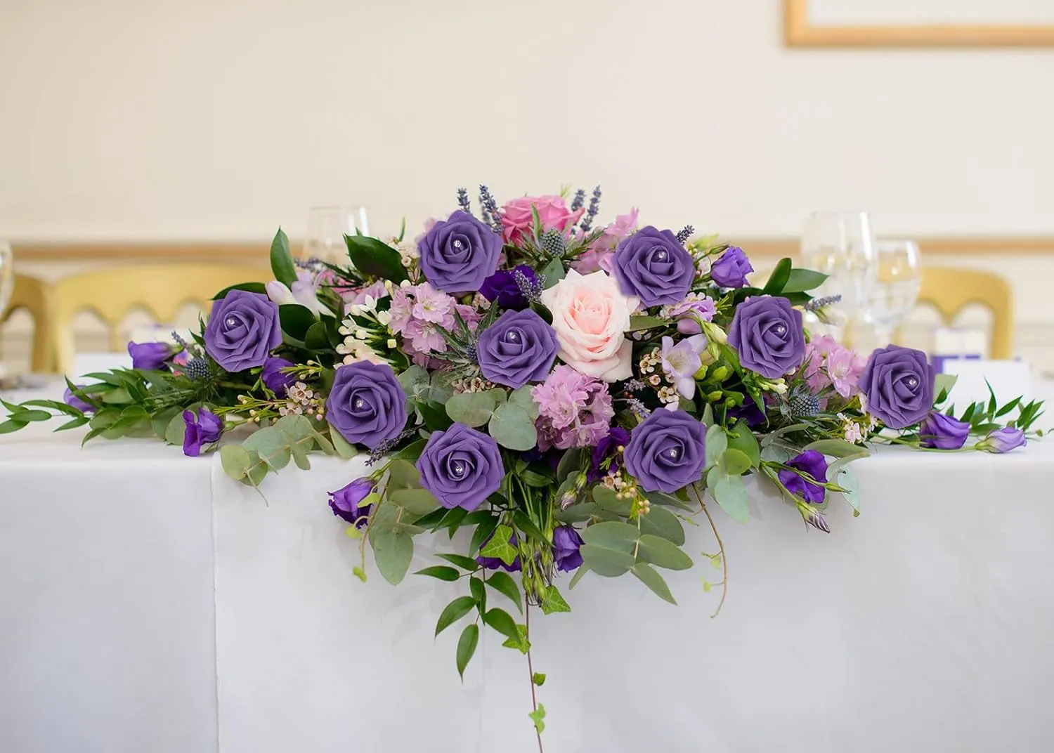 INSUNSX Purple Roses Artificial Flowers with Crystal 50PCS Purple Artificial Roses with Stems Realistic Purple Flowers for Bridal Shower Centerpieces Wedding Bouquet Table Decorations (Purple)