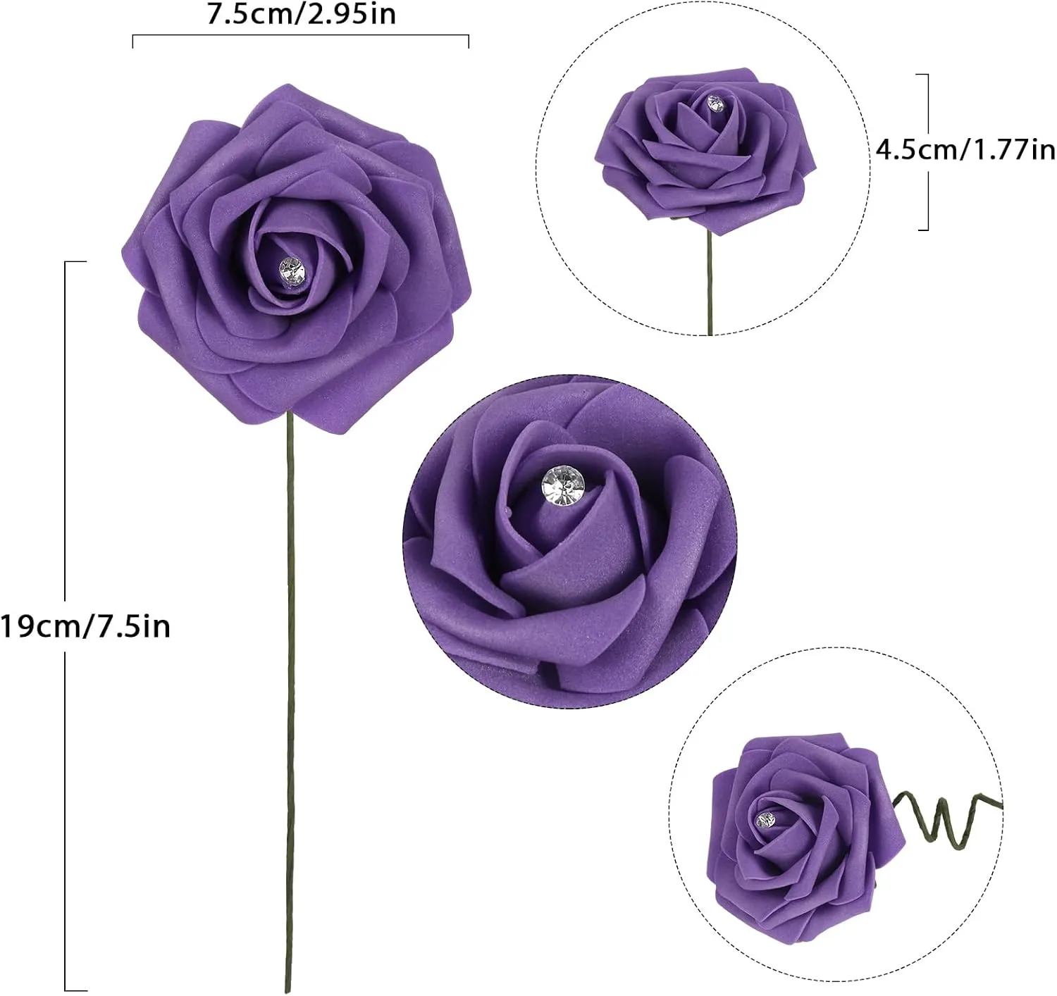 INSUNSX Purple Roses Artificial Flowers with Crystal 50PCS Purple Artificial Roses with Stems Realistic Purple Flowers for Bridal Shower Centerpieces Wedding Bouquet Table Decorations (Purple)