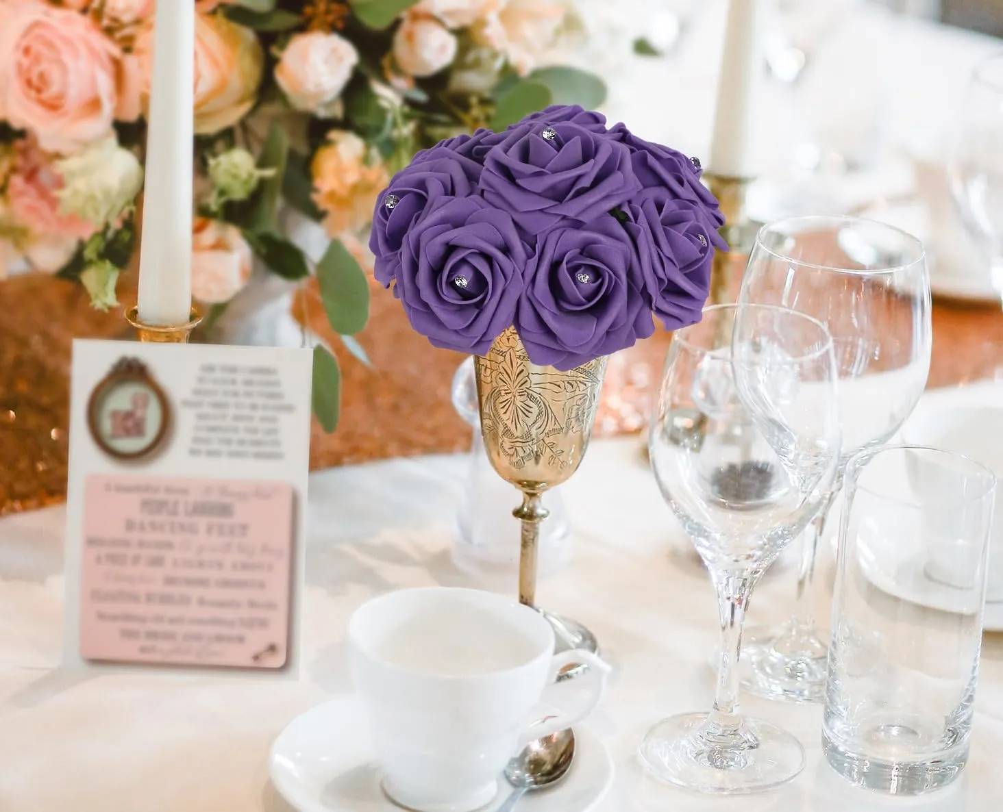 INSUNSX Purple Roses Artificial Flowers with Crystal 50PCS Purple Artificial Roses with Stems Realistic Purple Flowers for Bridal Shower Centerpieces Wedding Bouquet Table Decorations (Purple)