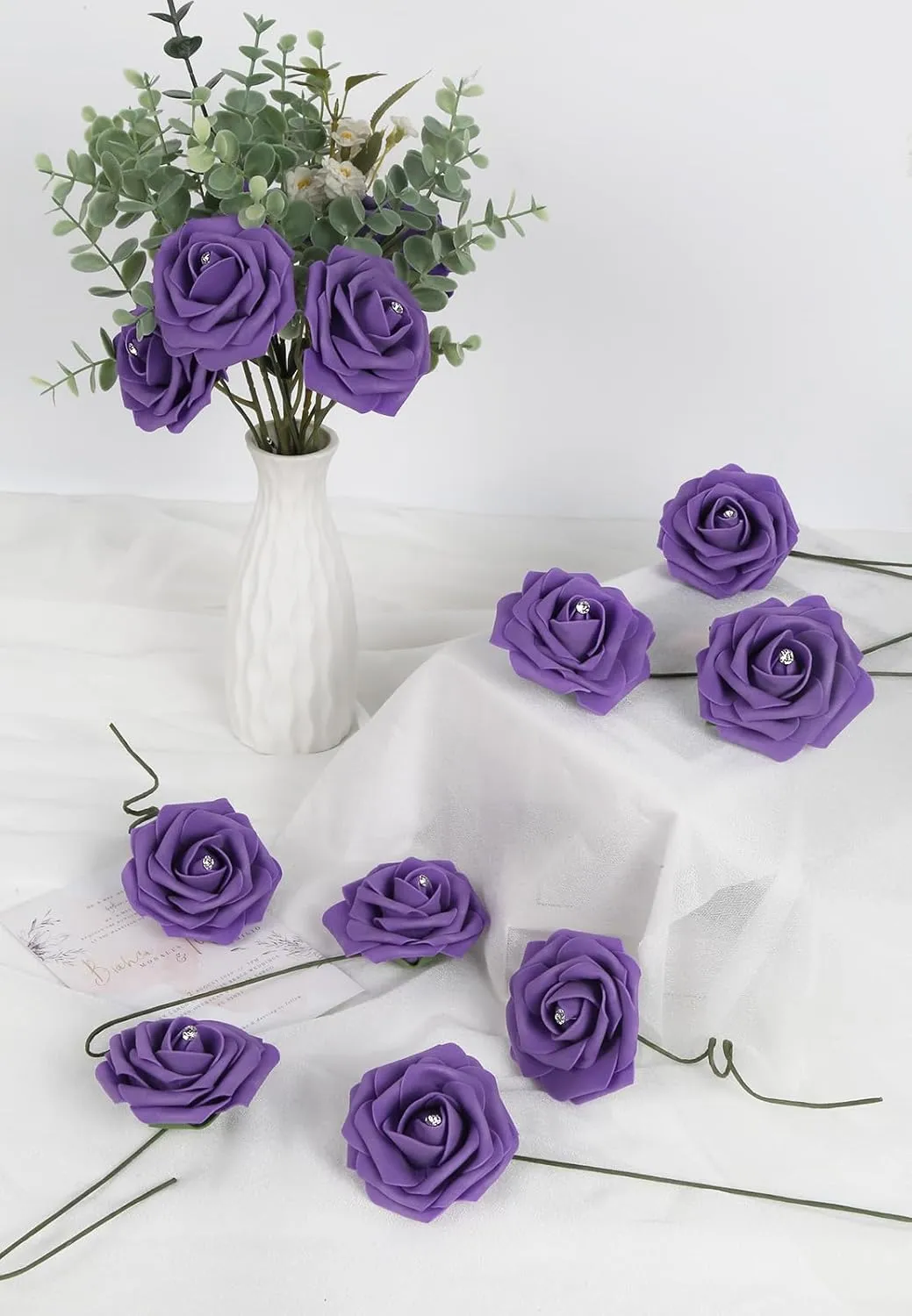 INSUNSX Purple Roses Artificial Flowers with Crystal 50PCS Purple Artificial Roses with Stems Realistic Purple Flowers for Bridal Shower Centerpieces Wedding Bouquet Table Decorations (Purple)