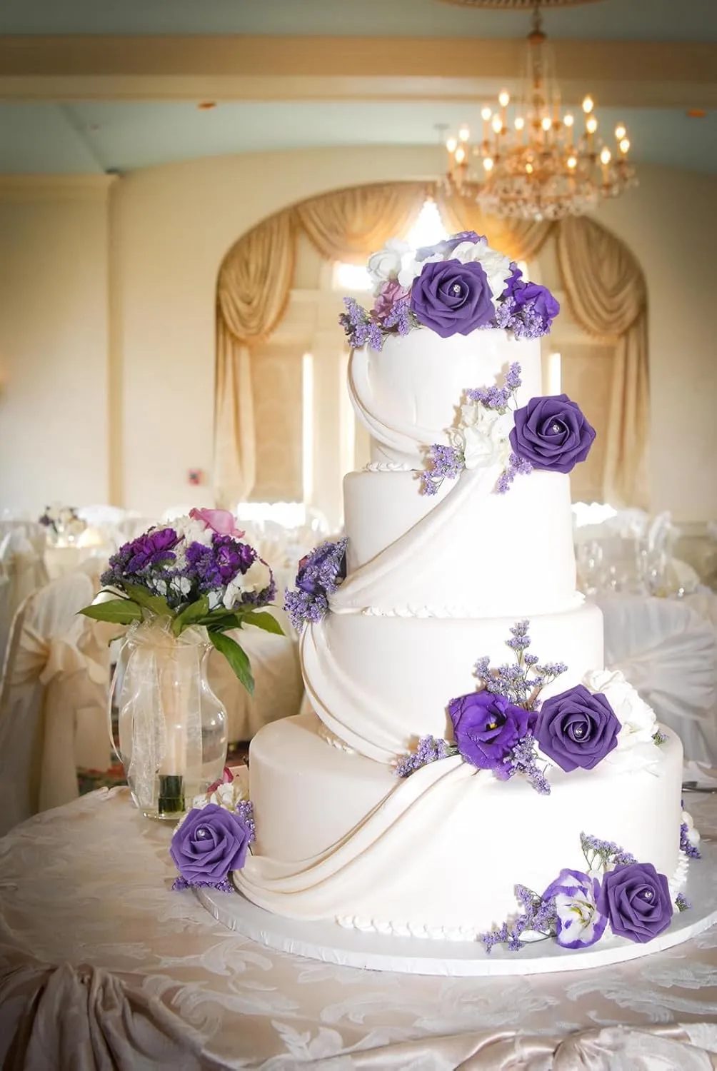 INSUNSX Purple Roses Artificial Flowers with Crystal 50PCS Purple Artificial Roses with Stems Realistic Purple Flowers for Bridal Shower Centerpieces Wedding Bouquet Table Decorations (Purple)