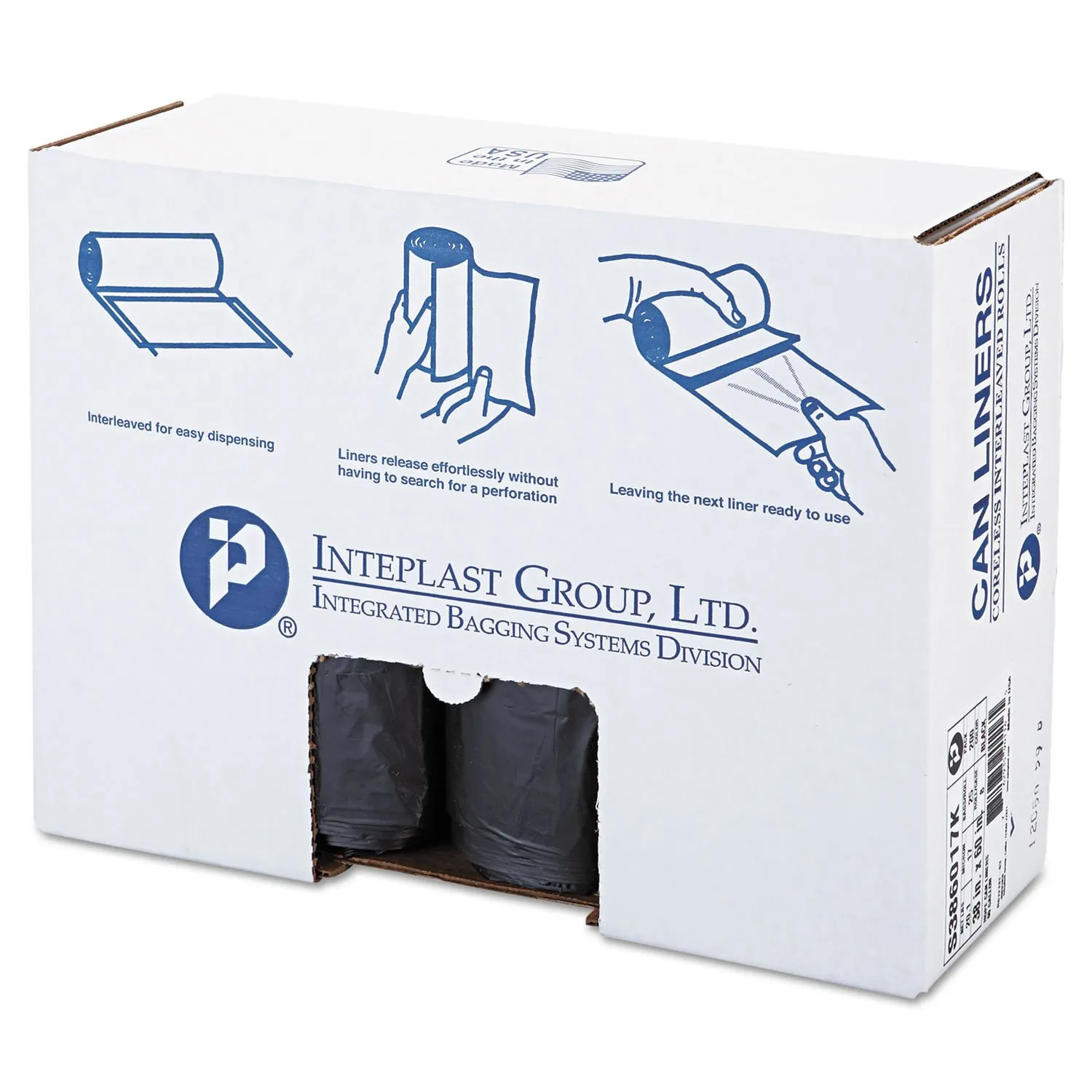 Inteplast Group High-Density Interleaved Commercial Can Liners, 60 gal, 17 microns, 38" x 60", Black, 25 Bags/Roll, 8 Rolls/Carton