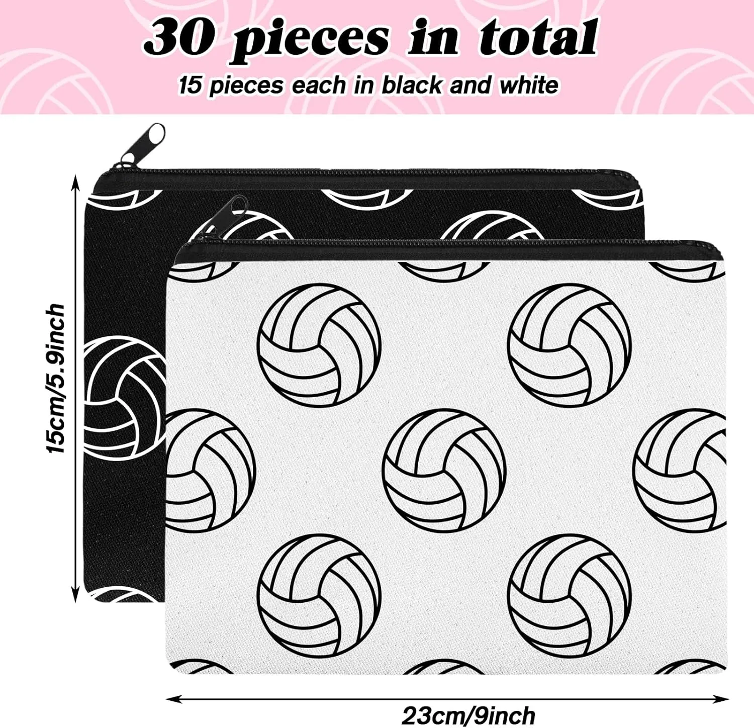 Irenare 30 Pcs Volleyball Cosmetic Bag Gifts for Women Stuff Volleyball Players Teams Travel Pouch Canvas Makeup Bags for Team Gifts(Black, White,Volleyball)
