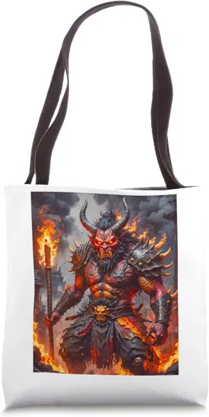 Japanese mythology god red-skinned Oni amid dark flames Tote Bag