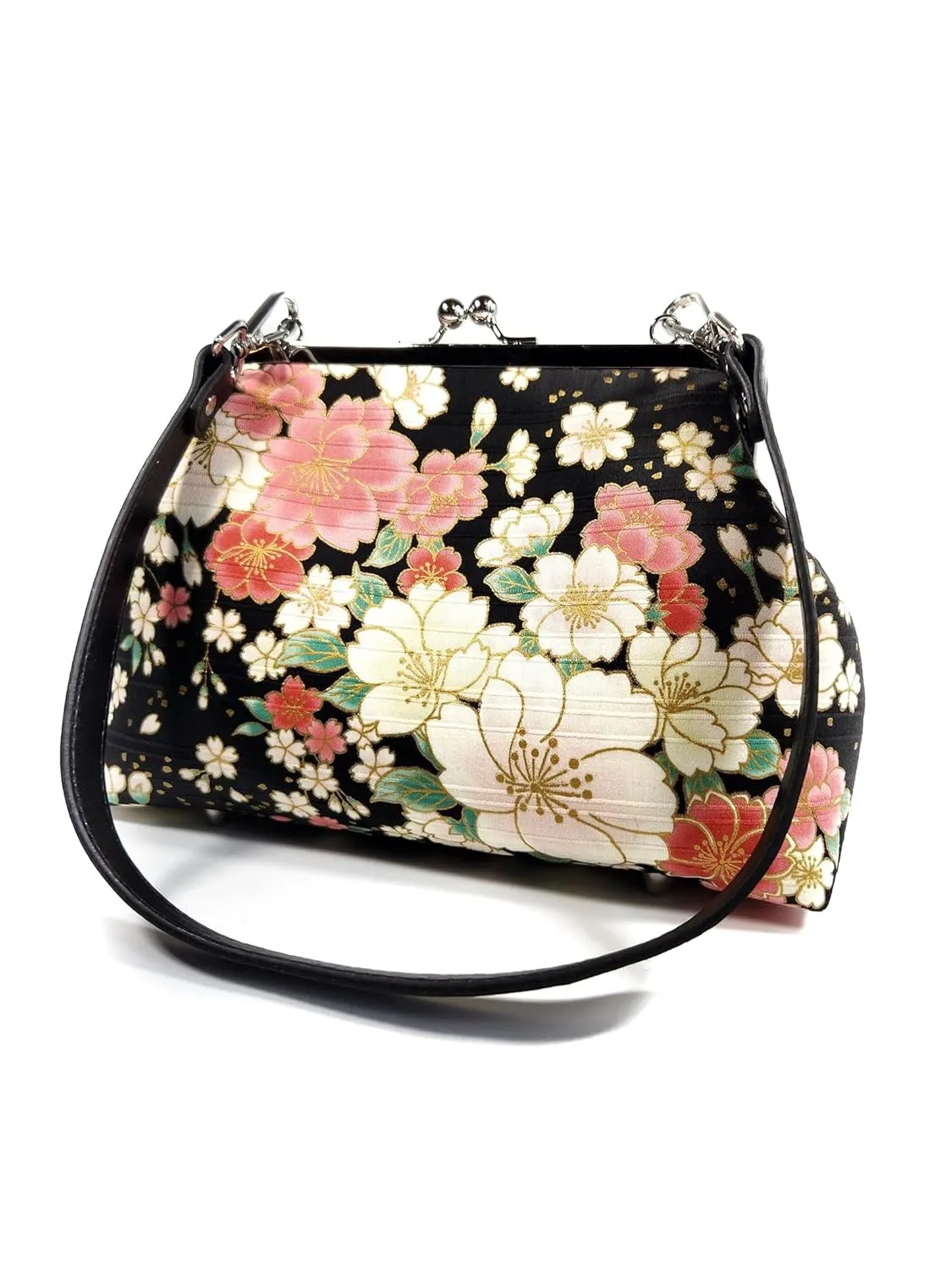 Japanese Pink Floral Kisslock Purse, Cherry Blossom Shoulder Bag, Crossbody Bag, Cute Novelty Purse, Gift for Women (Adjustable Crossbody)