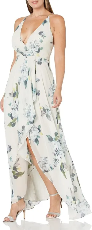 Jenny Yoo Women's Farrah Halter Faux Wrap Floral Chiffon Gown
