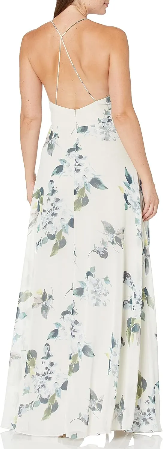 Jenny Yoo Women's Farrah Halter Faux Wrap Floral Chiffon Gown