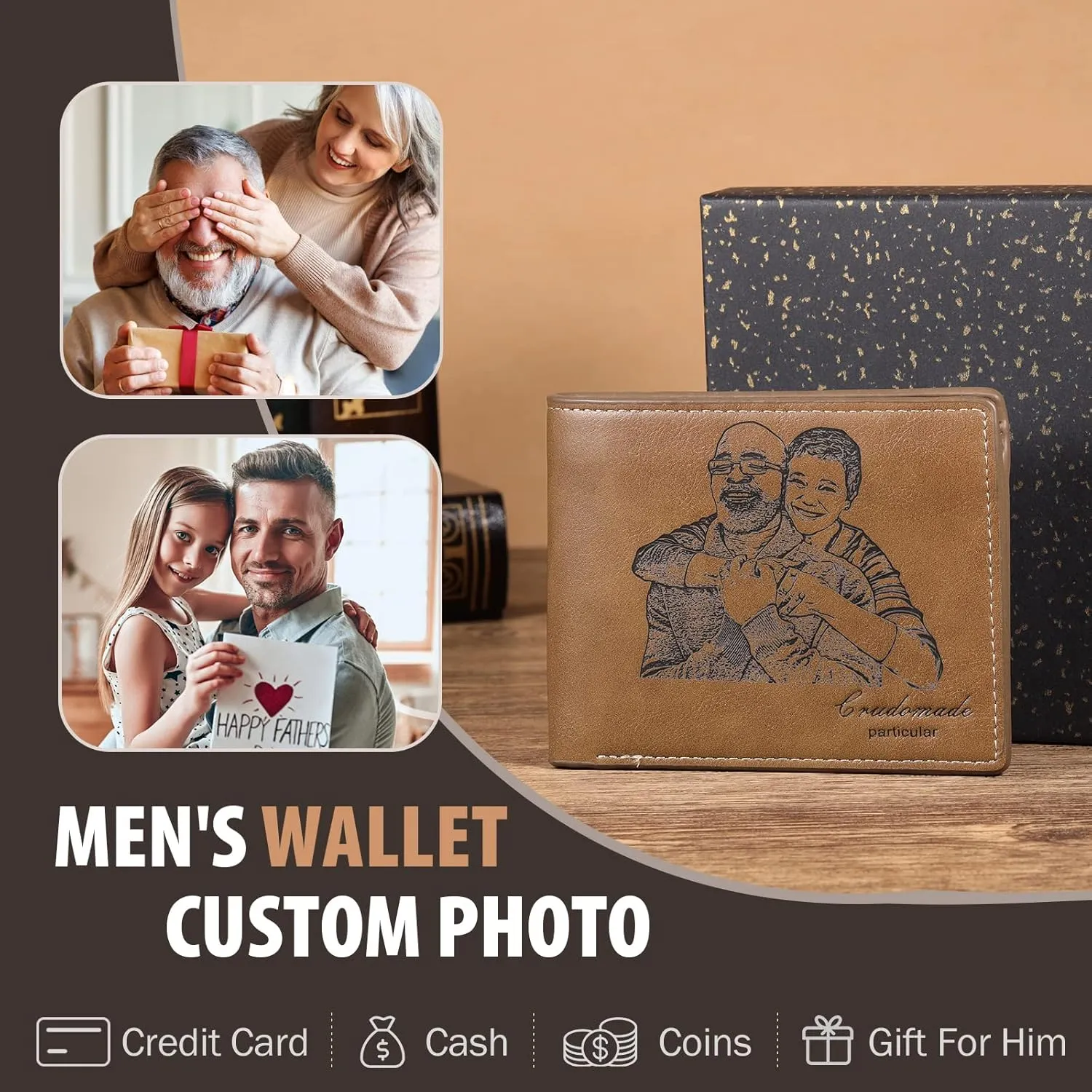 JewelOra Gifts for Men - Personalized Photo Wallet for Men - Custom Picture Wallet for Dad - Engraved Text PU Leather Wallet for Father Personalized Gifts