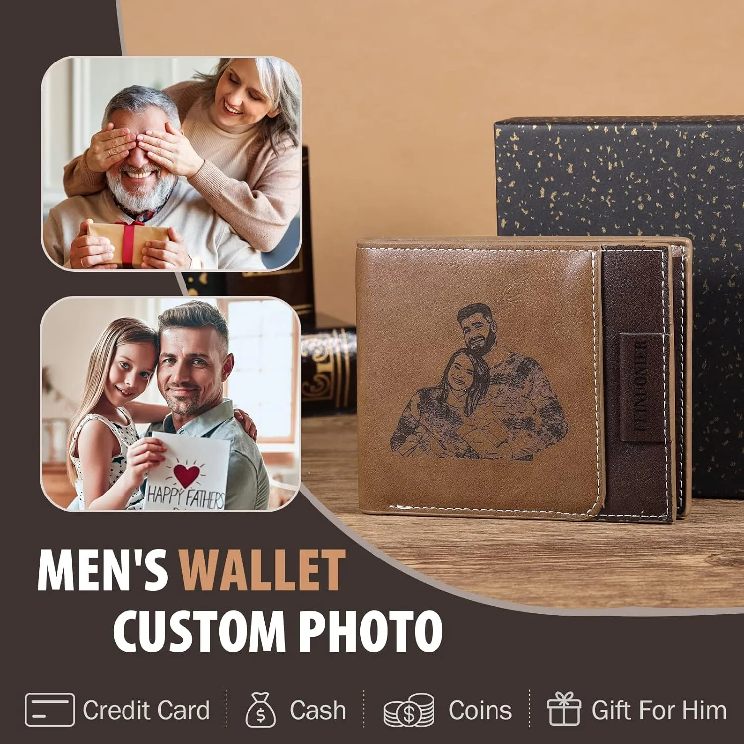 JewelOra Gifts for Men - Personalized Photo Wallet for Men - Custom Picture Wallet for Dad - Engraved Text PU Leather Wallet for Father Personalized Gifts