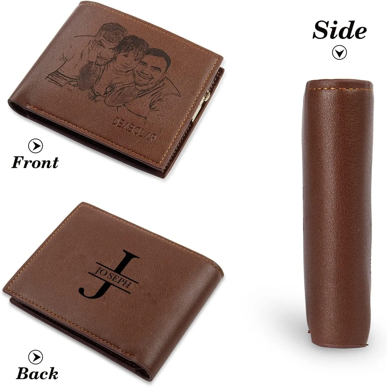 JewelOra Personalized Father's Gifts Custom Photo Wallet for Men, Personalized Engraved Initial Name Wallet, Customized Picture Leather Wallet for Father's Day Gift for Husband, Dad, Son(Style 4)