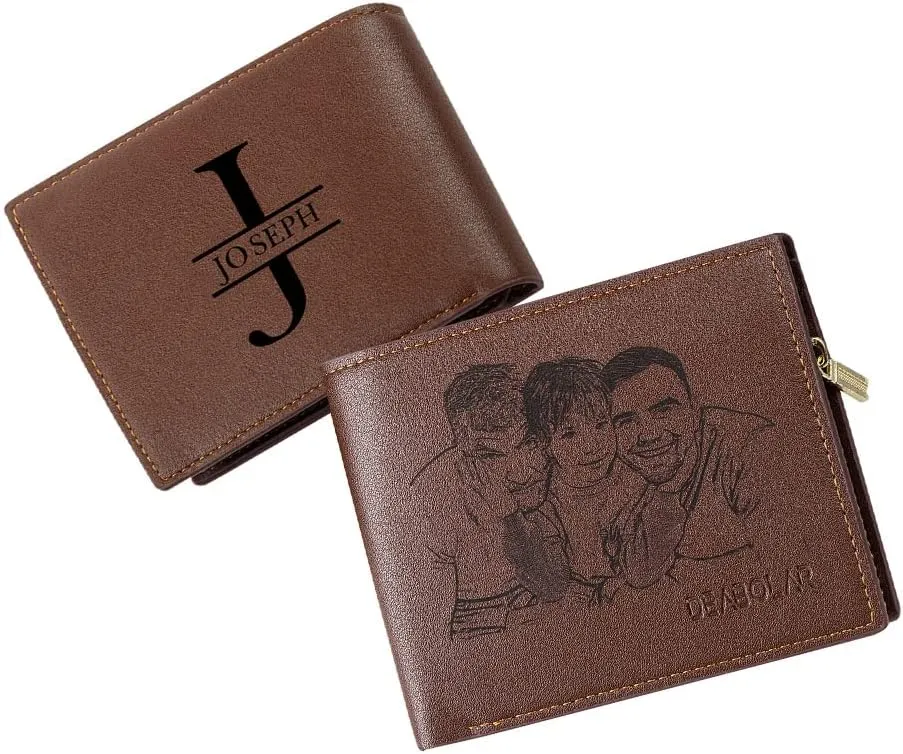 JewelOra Personalized Father's Gifts Custom Photo Wallet for Men, Personalized Engraved Initial Name Wallet, Customized Picture Leather Wallet for Father's Day Gift for Husband, Dad, Son(Style 4)
