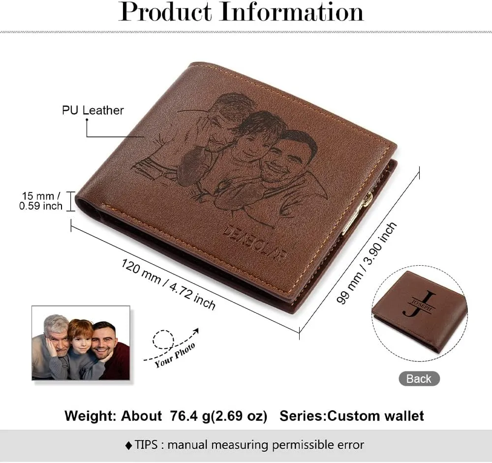 JewelOra Personalized Father's Gifts Custom Photo Wallet for Men, Personalized Engraved Initial Name Wallet, Customized Picture Leather Wallet for Father's Day Gift for Husband, Dad, Son(Style 4)