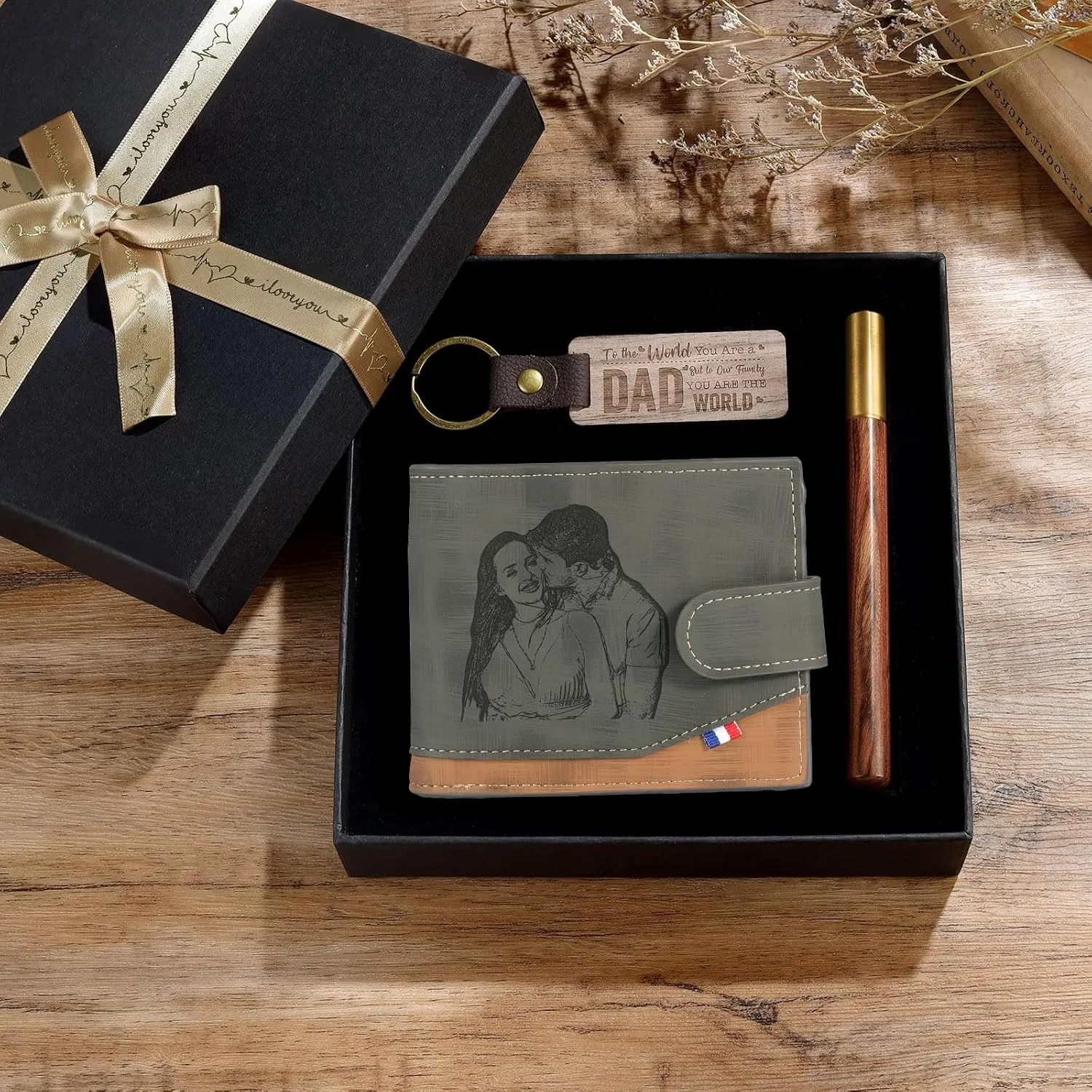 JewelOra Personalized Gifts for Men - Custom Photo Mens Wallet & Keychain Gifts Set for Father's Day - Customized Gift Box for Dad, Husband (Wallet Sets-4)