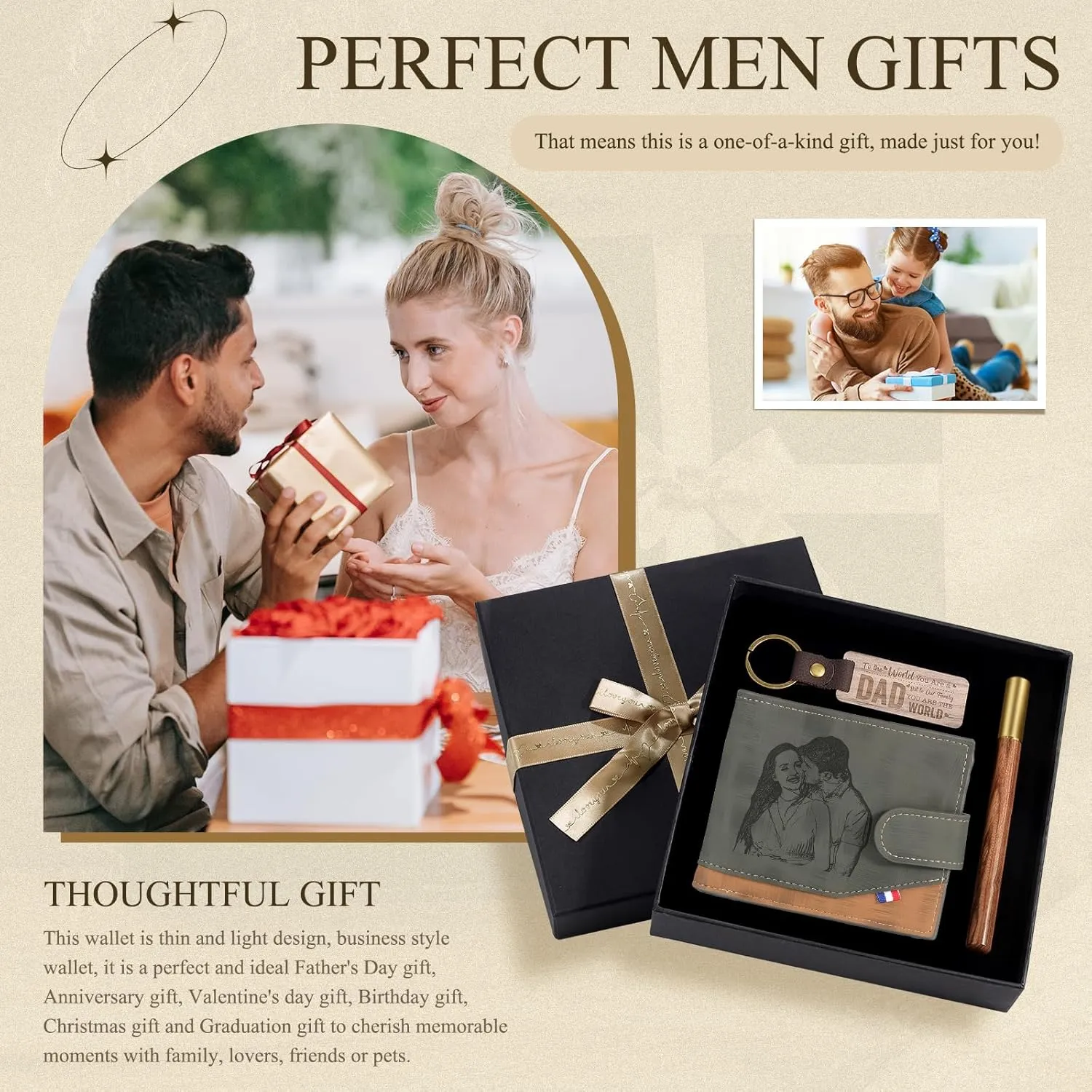 JewelOra Personalized Gifts for Men - Custom Photo Mens Wallet & Keychain Gifts Set for Father's Day - Customized Gift Box for Dad, Husband (Wallet Sets-4)