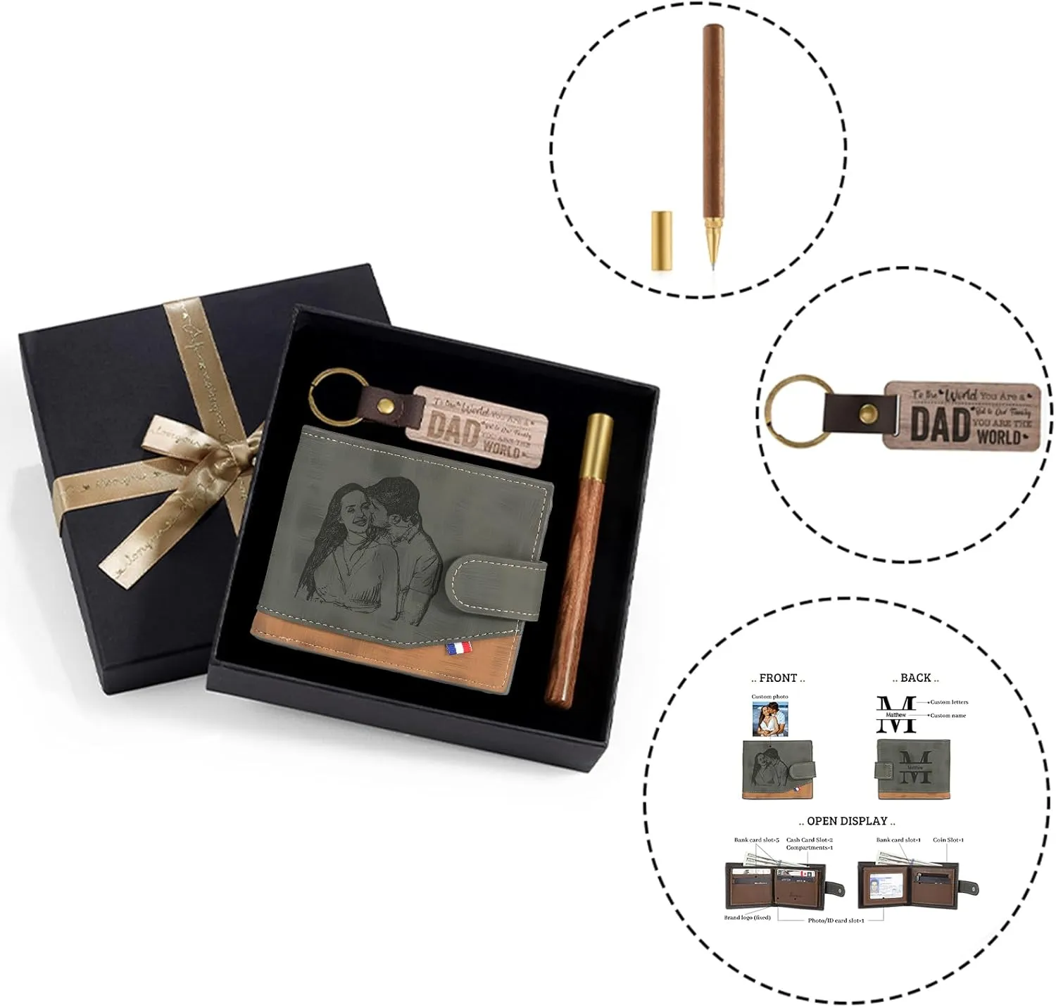 JewelOra Personalized Gifts for Men - Custom Photo Mens Wallet & Keychain Gifts Set for Father's Day - Customized Gift Box for Dad, Husband (Wallet Sets-4)