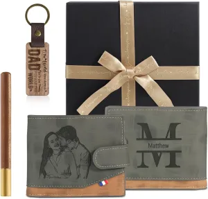 JewelOra Personalized Gifts for Men - Custom Photo Mens Wallet & Keychain Gifts Set for Father's Day - Customized Gift Box for Dad, Husband (Wallet Sets-4)