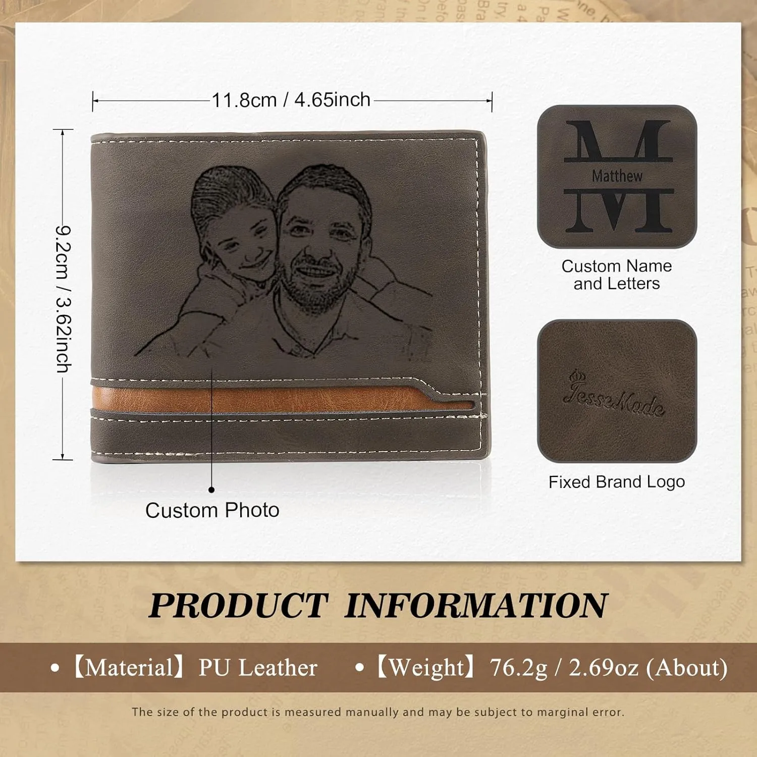 JewelOra Personalized Gifts for Men - Custom Photo Mens Wallet & Keychain Gifts Set for Father's Day - Customized Gift Box for Dad, Husband (Wallet Sets-5)