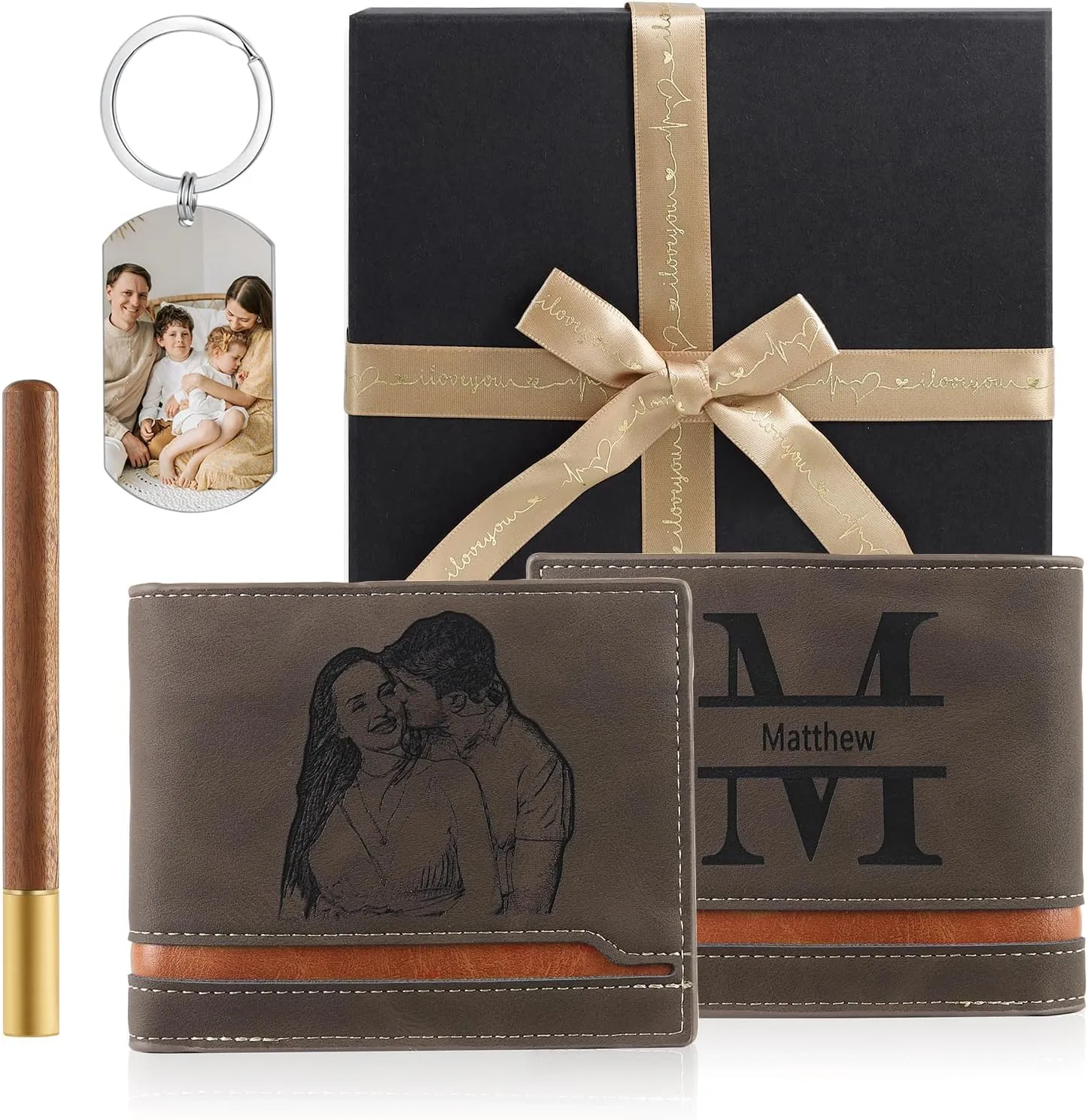 JewelOra Personalized Gifts for Men - Custom Photo Mens Wallet & Keychain Gifts Set for Father's Day - Customized Gift Box for Dad, Husband (Wallet Sets-5)