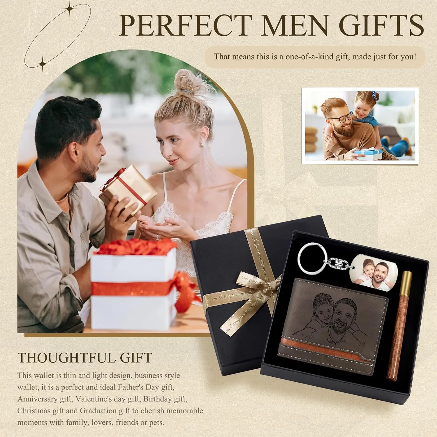 JewelOra Personalized Gifts for Men - Custom Photo Mens Wallet & Keychain Gifts Set for Father's Day - Customized Gift Box for Dad, Husband (Wallet Sets-5)