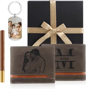 JewelOra Personalized Gifts for Men - Custom Photo Mens Wallet & Keychain Gifts Set for Father's Day - Customized Gift Box for Dad, Husband (Wallet Sets-5)