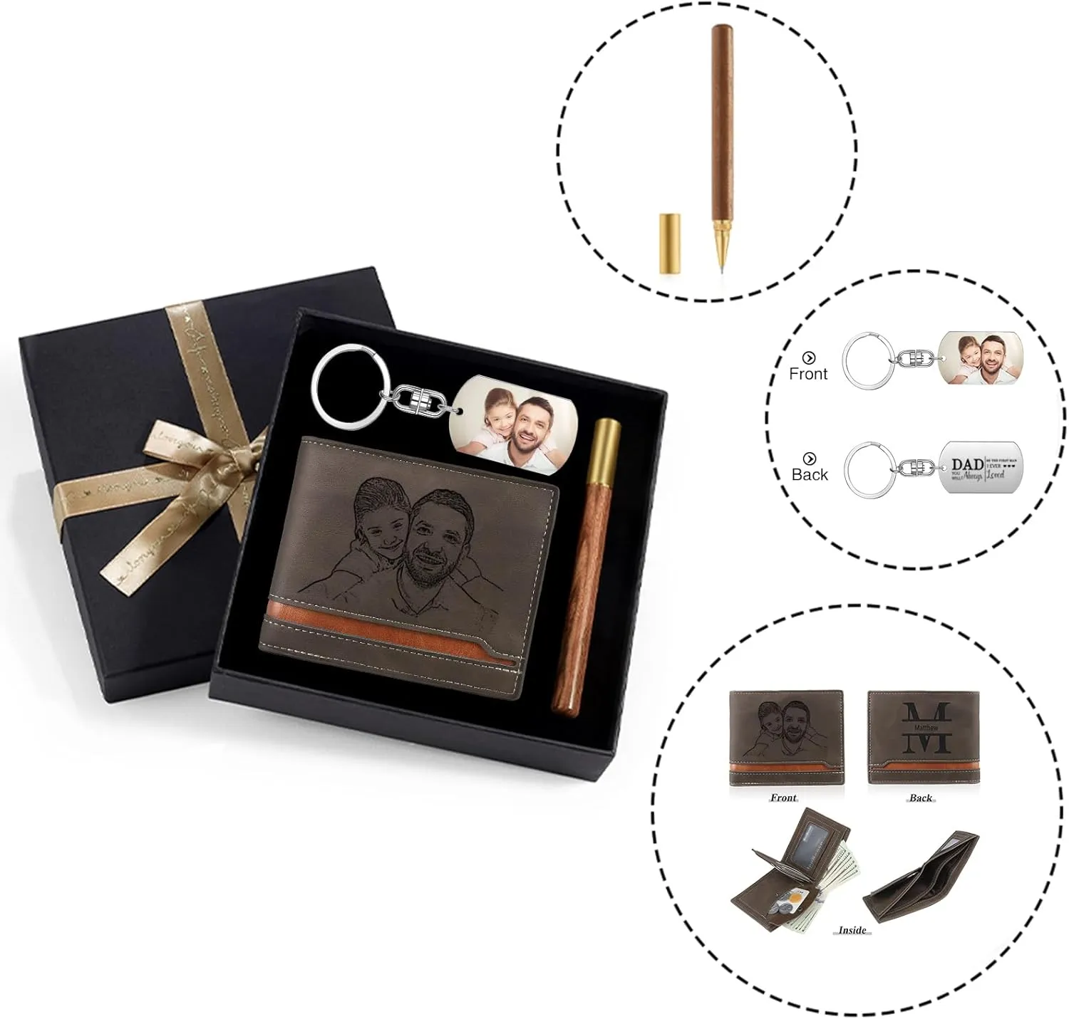 JewelOra Personalized Gifts for Men - Custom Photo Mens Wallet & Keychain Gifts Set for Father's Day - Customized Gift Box for Dad, Husband (Wallet Sets-5)