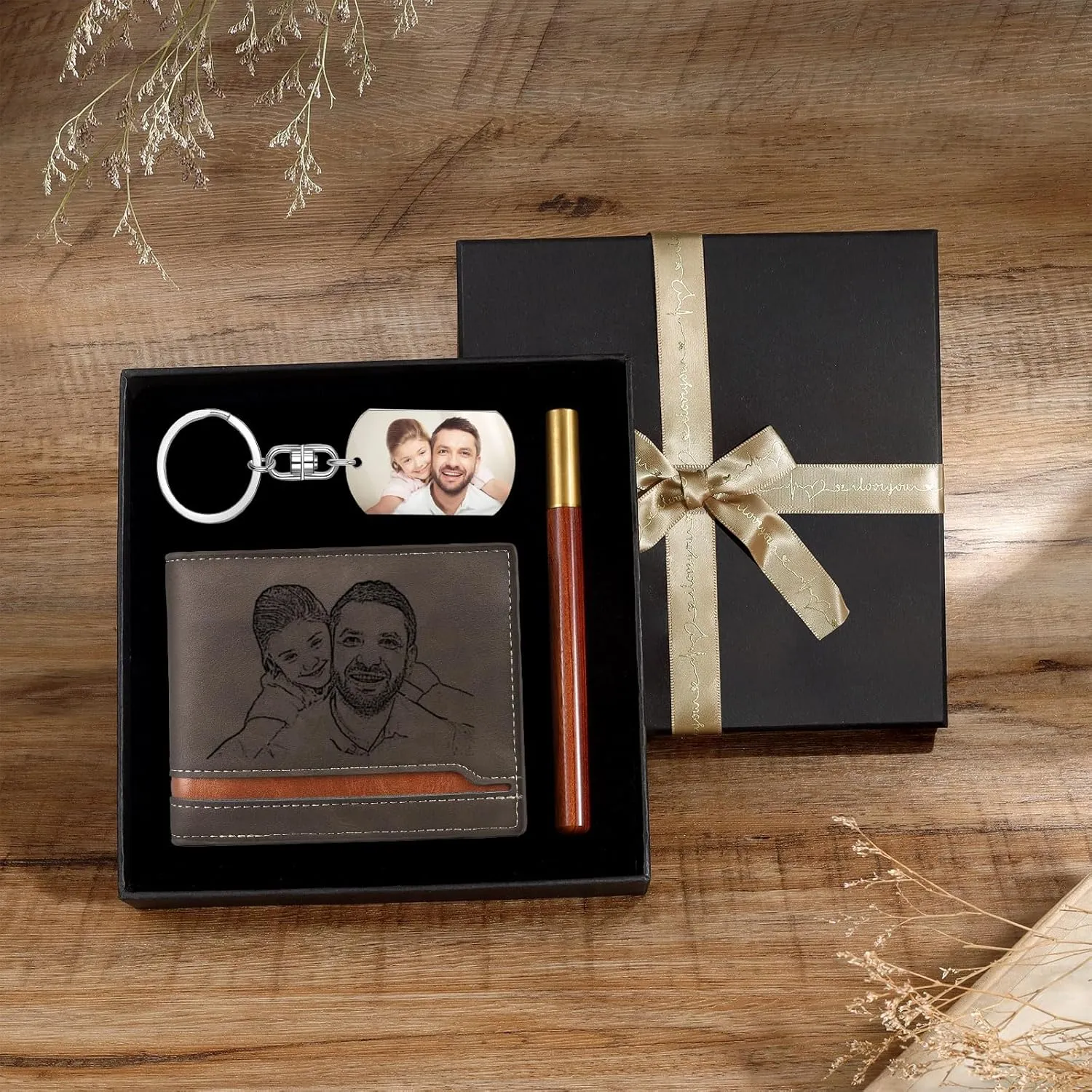 JewelOra Personalized Gifts for Men - Custom Photo Mens Wallet & Keychain Gifts Set for Father's Day - Customized Gift Box for Dad, Husband (Wallet Sets-5)