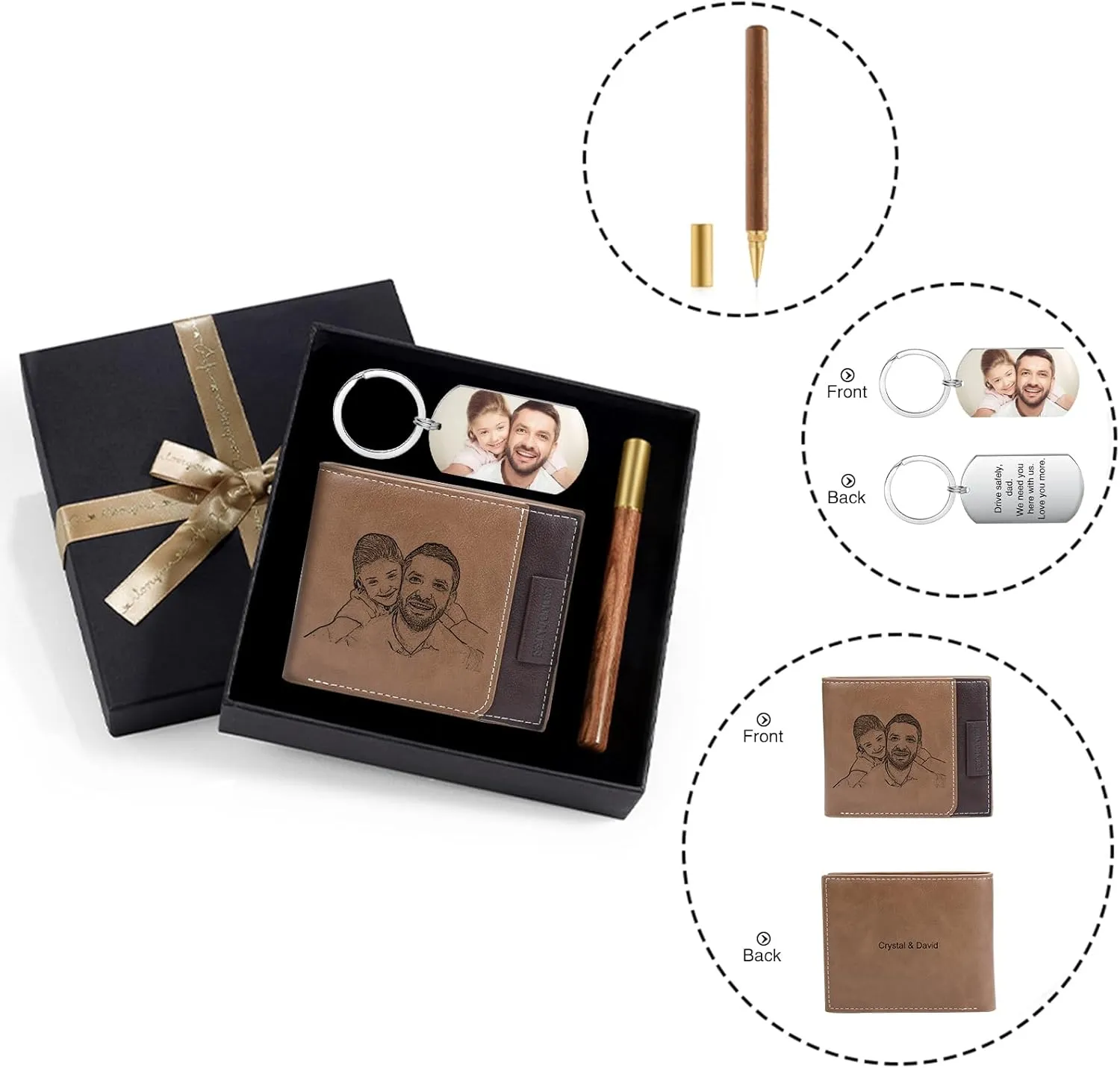JewelOra Personalized Gifts for Men - Custom Photo Mens Wallet & Keychain Gifts Set for Father's Day - Customized Gift Box for Dad, Husband (Wallet Sets-6)