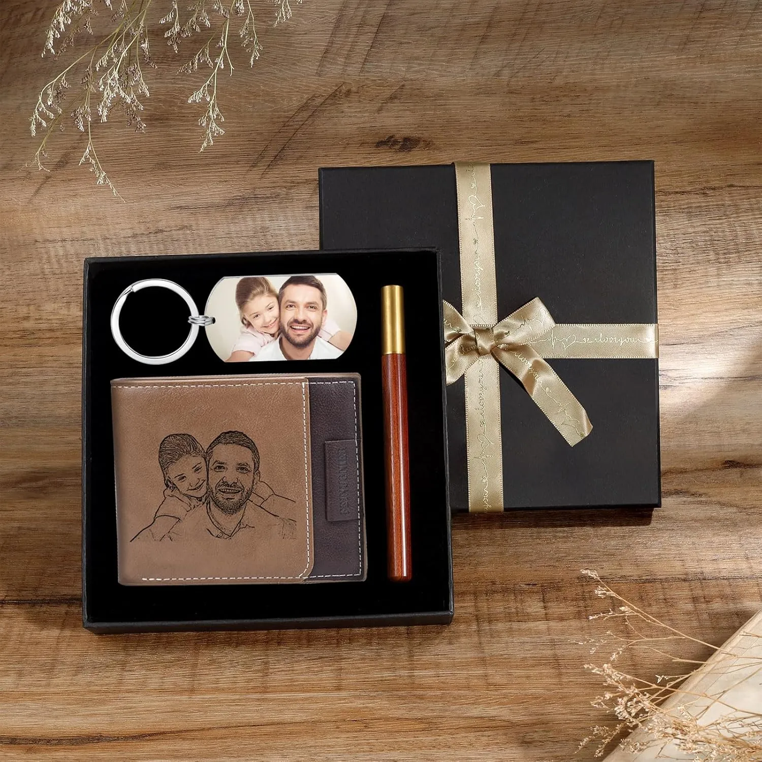 JewelOra Personalized Gifts for Men - Custom Photo Mens Wallet & Keychain Gifts Set for Father's Day - Customized Gift Box for Dad, Husband (Wallet Sets-6)
