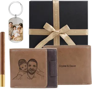 JewelOra Personalized Gifts for Men - Custom Photo Mens Wallet & Keychain Gifts Set for Father's Day - Customized Gift Box for Dad, Husband (Wallet Sets-6)