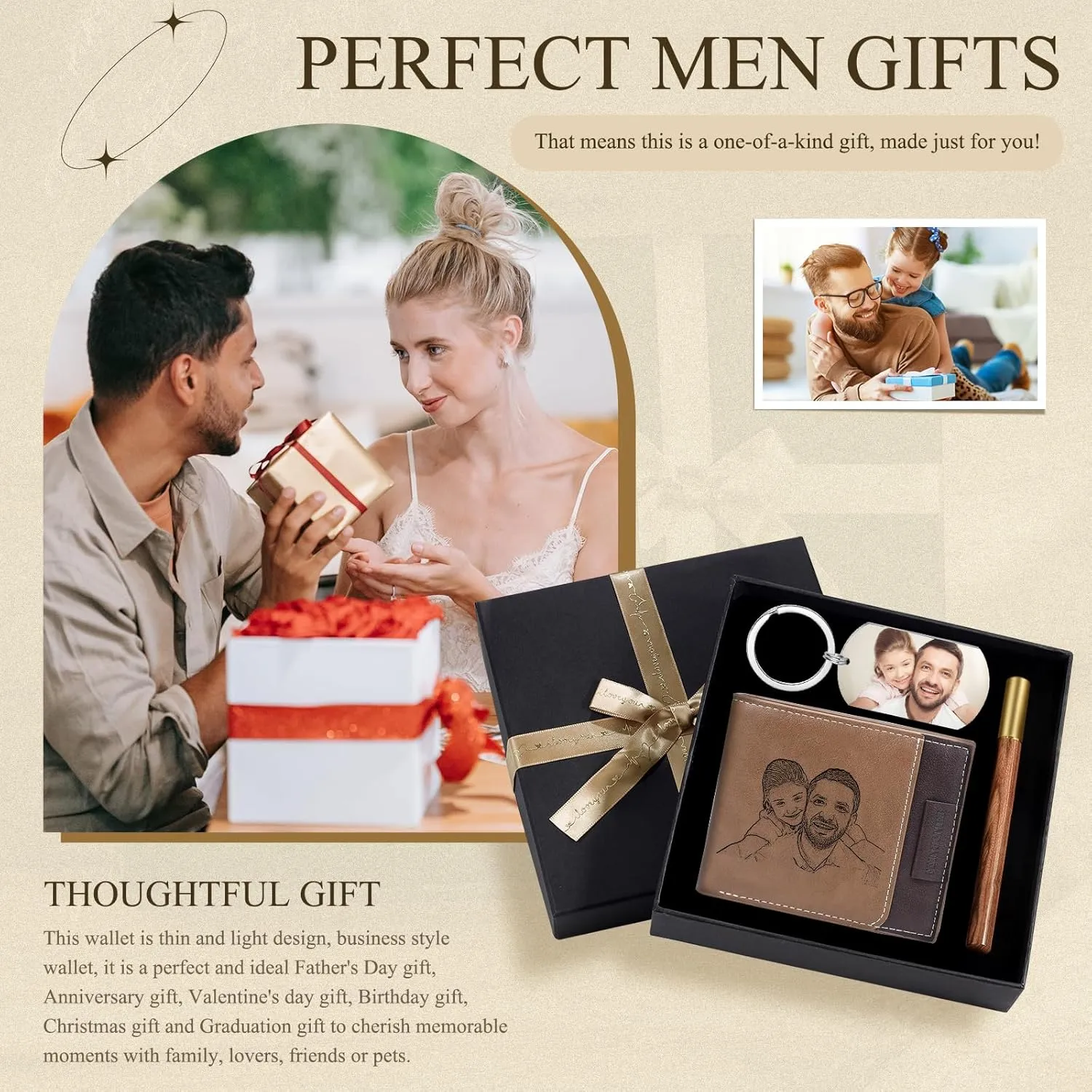 JewelOra Personalized Gifts for Men - Custom Photo Mens Wallet & Keychain Gifts Set for Father's Day - Customized Gift Box for Dad, Husband (Wallet Sets-6)