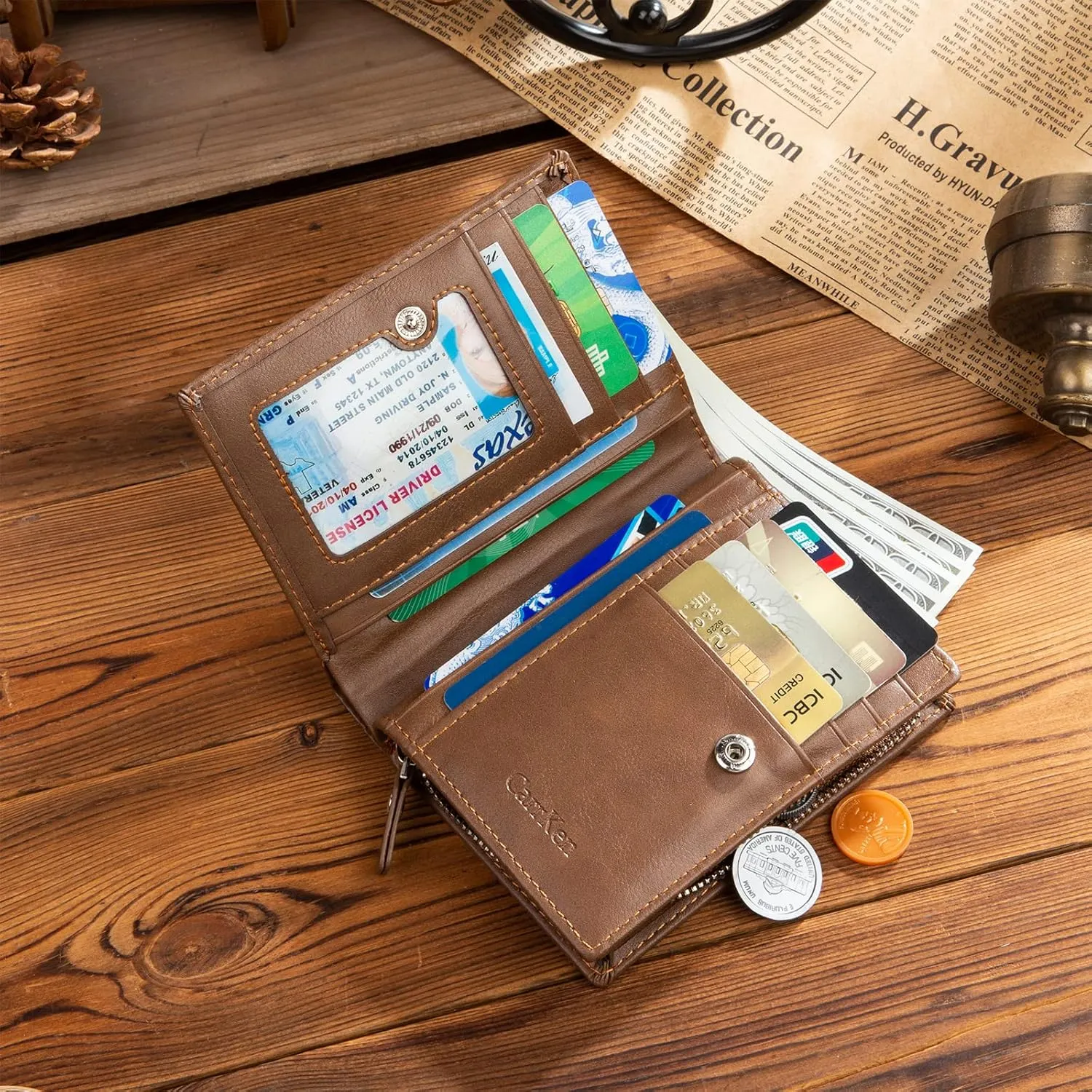 JewelOra Personalized Men's Photo Wallet, Custom Engraved Text Wallet Personalized Men's Zipper Wallet Birthday Christmas Gift for Husband, Dad, Son, Boyfriend(Brown-4)
