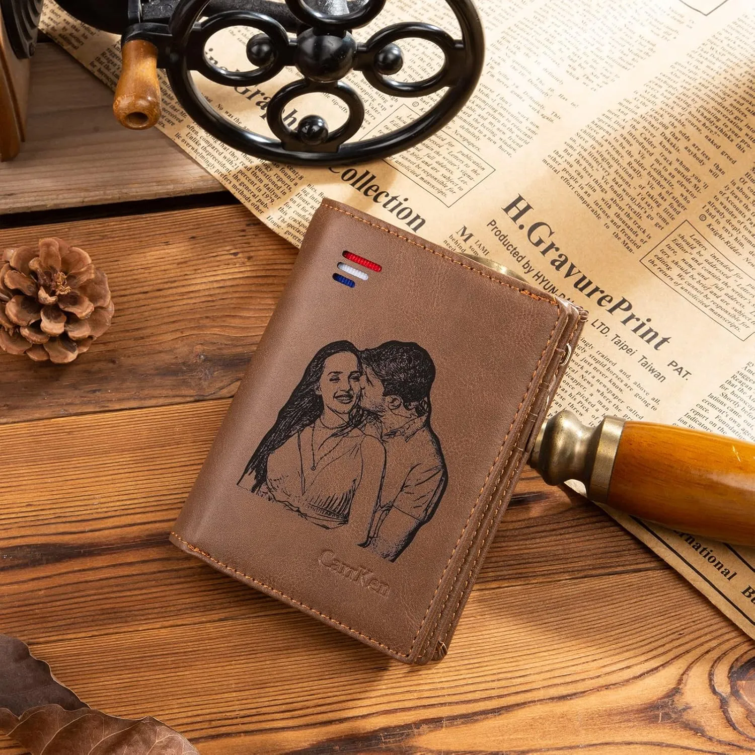 JewelOra Personalized Men's Photo Wallet, Custom Engraved Text Wallet Personalized Men's Zipper Wallet Birthday Christmas Gift for Husband, Dad, Son, Boyfriend(Brown-4)