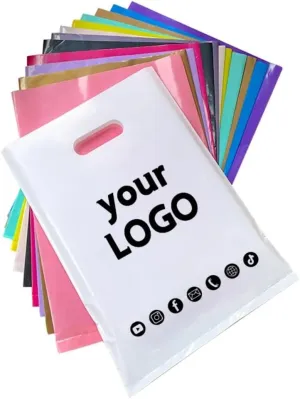 jfs 100pcs Customized Logo Mall Shopping Bags with Gift Bags Custom Reusable Merchandise Tote Bag Personalized Text Logo Plastic Packaging Bags (WHITE,15x20cm)