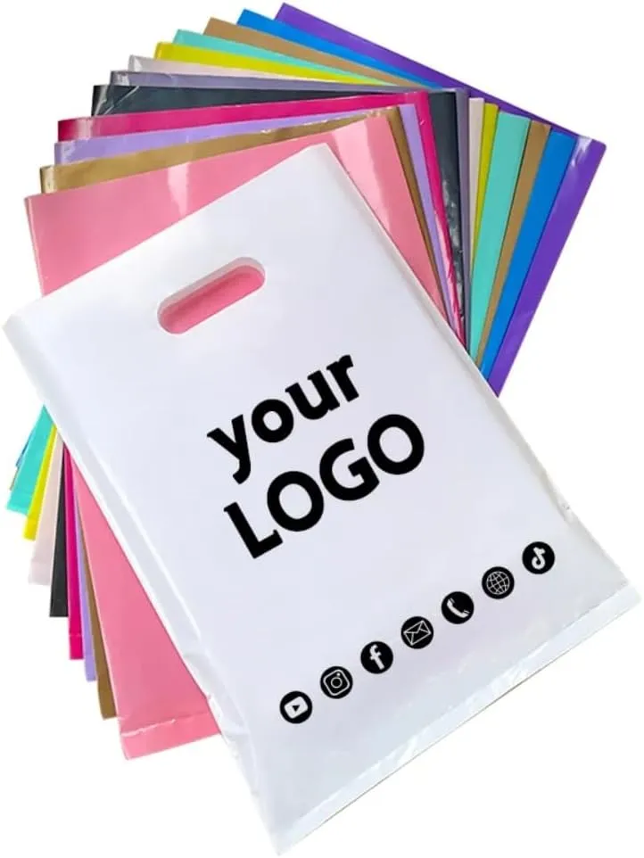 jfs 100pcs Customized Logo Mall Shopping Bags with Gift Bags Custom Reusable Merchandise Tote Bag Personalized Text Logo Plastic Packaging Bags (WHITE,15x20cm)